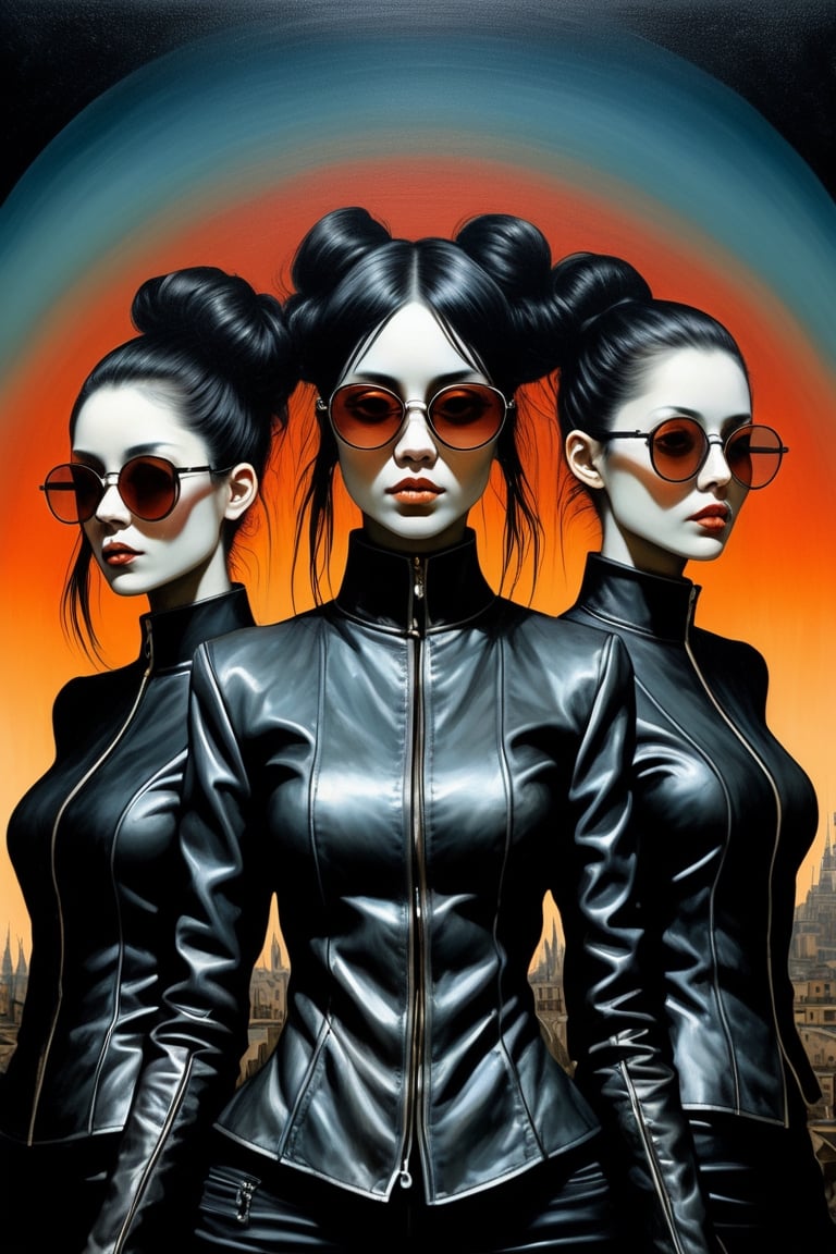 group of three, 3girls, techno and bauhaus disco goth girls in Berlin 79, techno, black leather and steel, extreme sunglasses, illustrations, tri tone, cool and neutral colors , centered, symmetry, painted, intricate, volumetric lighting, beautiful, rich deep colors masterpiece, sharp focus, ultra detailed, in the style of dan mumford and marc simonetti, astrophotography,aw0k dalle,analog,AnalogRedmAF,DonMB4nsh33XL ,darkart,Japan Vibes,digital artwork by Beksinski,LegendDarkFantasy,Ukiyo-e, in the style of esao andrews