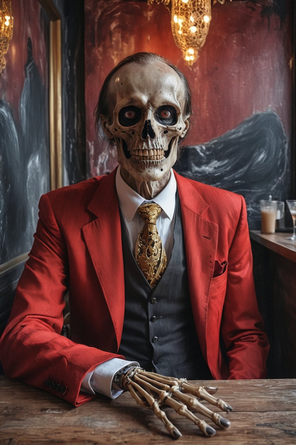  Death, the grim reaper as a creepy business man in red luxurious suit, skeleton face, black hole eyes, gold embroidered tie, sitting in a small fancy cafe in a European city,  portrait, half body portrait, holding out his hand to shake, eerie, cinematic, moody lights,style of Edvard Munch
