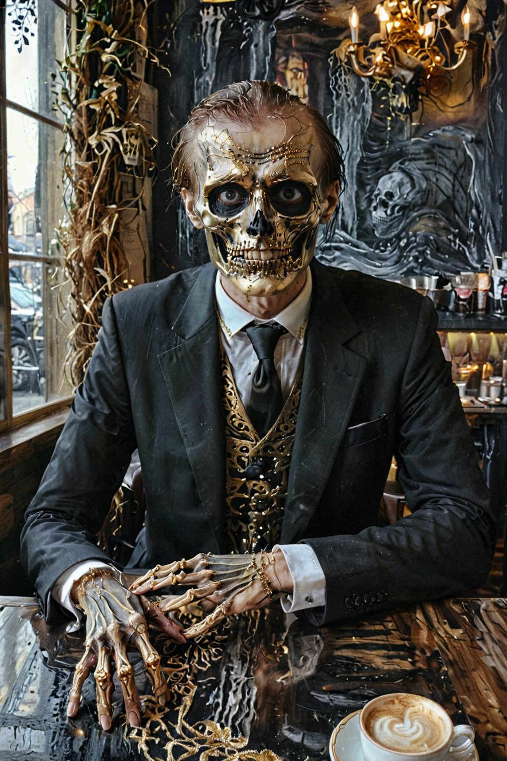 Death, the grim reaper as a creepy business man in black luxurious suit, skeleton face, black hole eyes, gold embroidered tie, sitting in a small fancy cafe in a European city,  portrait, half body portrait, holding out his hand to shake, eerie, cinematic, moody lights,style of Edvard Munch,Edvard Munch style