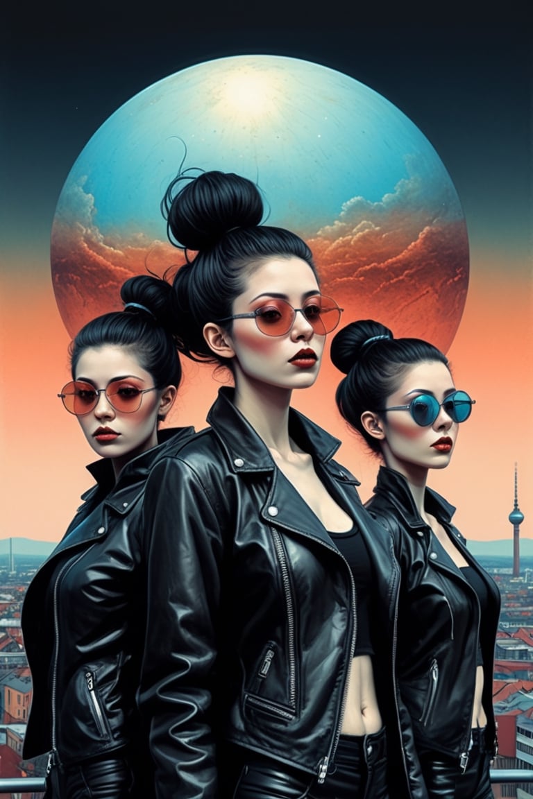 group of three, 3girls, techno and bauhaus disco goth girls in Berlin 79, techno, black leather and steel, extreme sunglasses, illustrations, tri tone, cool and neutral colors , centered, symmetry, painted, intricate, volumetric lighting, beautiful, rich deep colors masterpiece, sharp focus, ultra detailed, in the style of dan mumford and marc simonetti, astrophotography,aw0k dalle,analog,AnalogRedmAF,DonMB4nsh33XL ,darkart,Japan Vibes,digital artwork by Beksinski,LegendDarkFantasy,Ukiyo-e, in the style of esao andrews,flat design