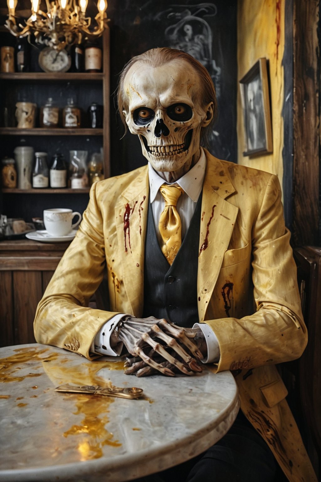  Death, the grim reaper as a creepy business man in blood stained yellow luxurious suit, skeleton face, black hole eyes, gold embroidered tie, sitting in a small fancy cafe in a European city,  portrait, half body portrait, holding out his hand to shake, eerie, cinematic, moody lights,style of Edvard Munch,Edvard Munch style