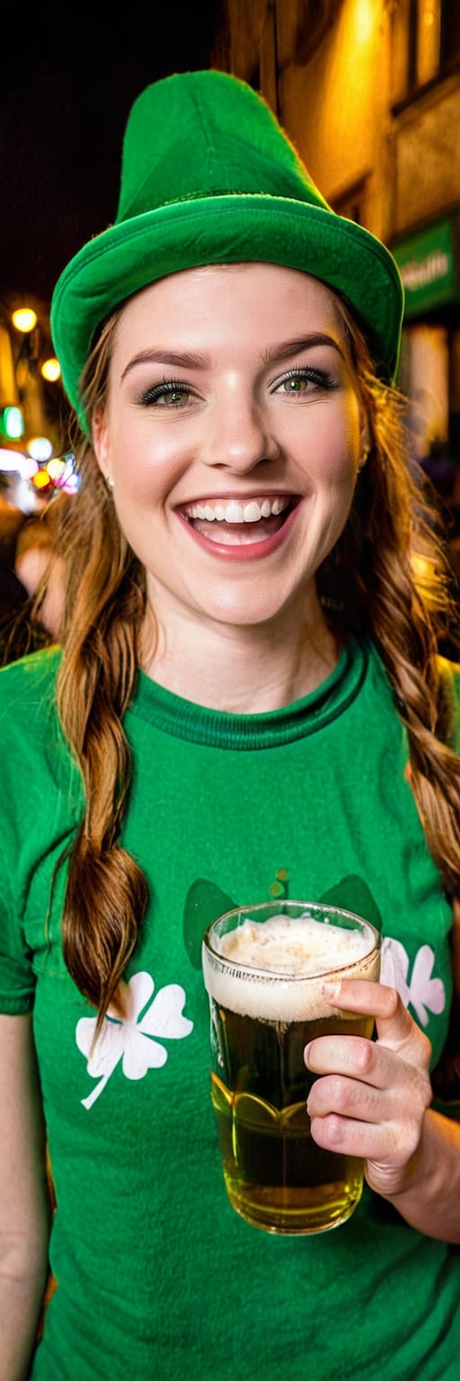 A beautiful 23 year old Irish girl, ((smiling and having fun)), green tshirt with a leprechaun, a silly and funny green hat, , a green choker adorned with a small metal shamrock, ((green beer in hand)) , sassy, attitude, having fun on a street party in an European city, shouting, raising the glass, doing the peace sign, drinking the green beer, street, cool trendy street photography,raw photo, ((nighttime)) , in the style of esao andrews