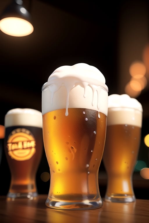 centered, masterpiece, award winning photography, 3d, 3d model, | table full of multiple beers pint, symetrical, realistic, | bokeh, depth of field, | bar, drinking bar, tavern, cozy lights, 