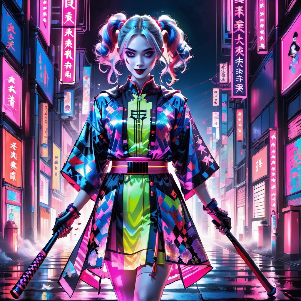 1girl, Reimagine Harley Quinn wearing Cyberfashion Dress: Neon Geisha Robes wielding a cyber baseball bat, ,FilmGirl,detailmaster2