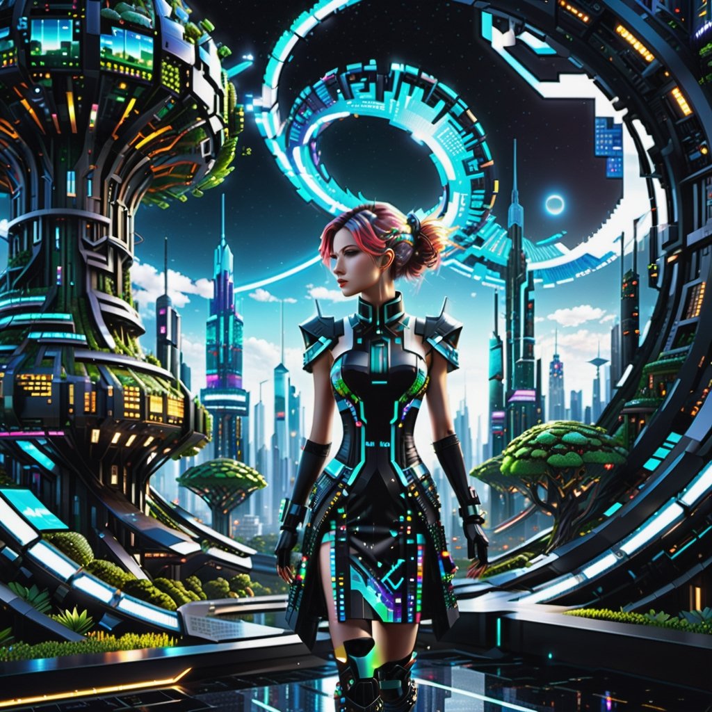 In a world where nature and technology converge in a breathtaking symphony of 'Pixel Punk Pixel Dress,' imagine a character donning the captivatingPixel Punk Pixel Dress. The setting is a futuristic cityscape where skyscrapers intertwine with colossal, biomechanical trees.

depth_of_field, 8k octane render, high detail, masterpiece, hyperdetailed, intricate details,Renaissance Sci-Fi Fantasy