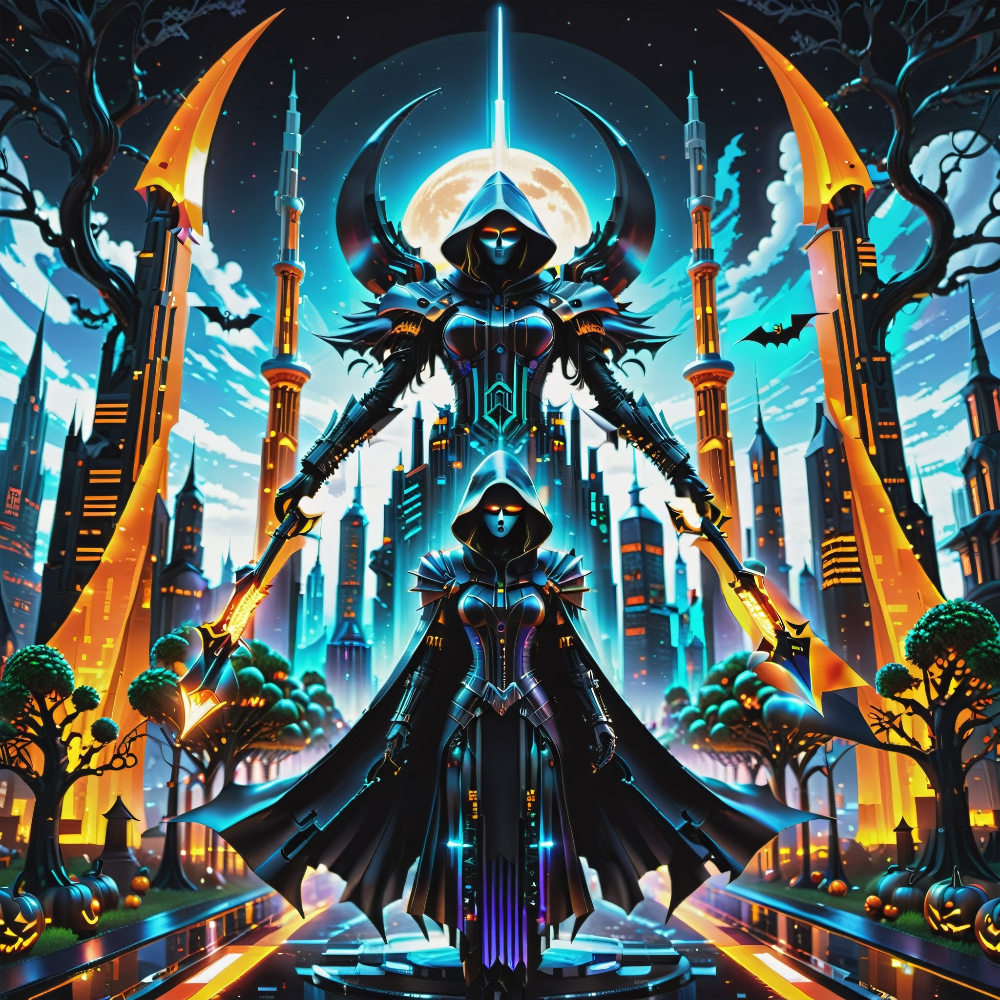 In a world where nature and technology converge in a breathtaking symphony of 'halloween grim reaper Pixel Punk Pixel Dress,' imagine a character donning the captivating halloween grim reaper Pixel Punk Pixel Dress. The setting is a futuristic cityscape where skyscrapers intertwine with colossal, biomechanical trees.

depth_of_field, 8k octane render, high detail, masterpiece, hyperdetailed, intricate details,Renaissance Sci-Fi Fantasy