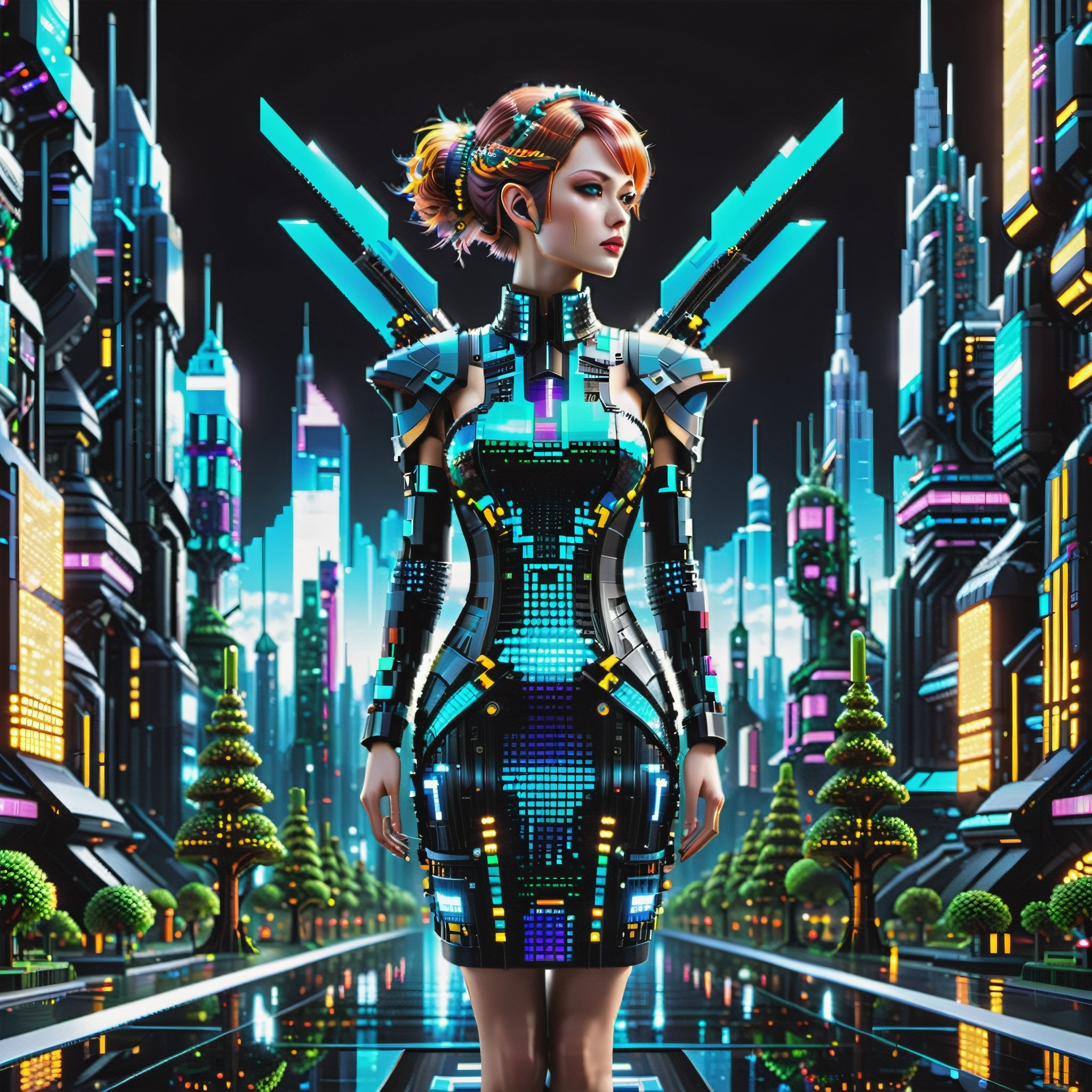 In a world where nature and technology converge in a breathtaking symphony of 'Pixel Punk Pixel Dress,' imagine a character donning the captivatingPixel Punk Pixel Dress. The setting is a futuristic cityscape where skyscrapers intertwine with colossal, biomechanical trees.

depth_of_field, 8k octane render, high detail, masterpiece, hyperdetailed, intricate details,Renaissance Sci-Fi Fantasy