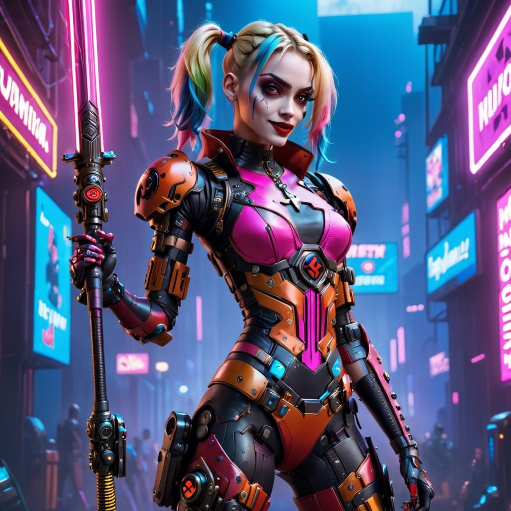 1girl, Reimagine Harley Quinn as a character in a cyberpunk universe, wielding a baseball bat. In this high-tech dystopia, Harley embodies the chaotic spirit of the original character but with a futuristic twist. Her cyber baseball bat is sleek and adorned with neon accents, while her iconic outfit boasts a blend of leather, cybernetic enhancements, and vibrant colors that perfectly suit the neon-soaked streets of the cyberpunk city. This electrifying version of Harley Quinn seamlessly fits into the gritty, tech-infused world where chaos and rebellion thrive.,robot,Robot,cyborg style,cyberpunk style