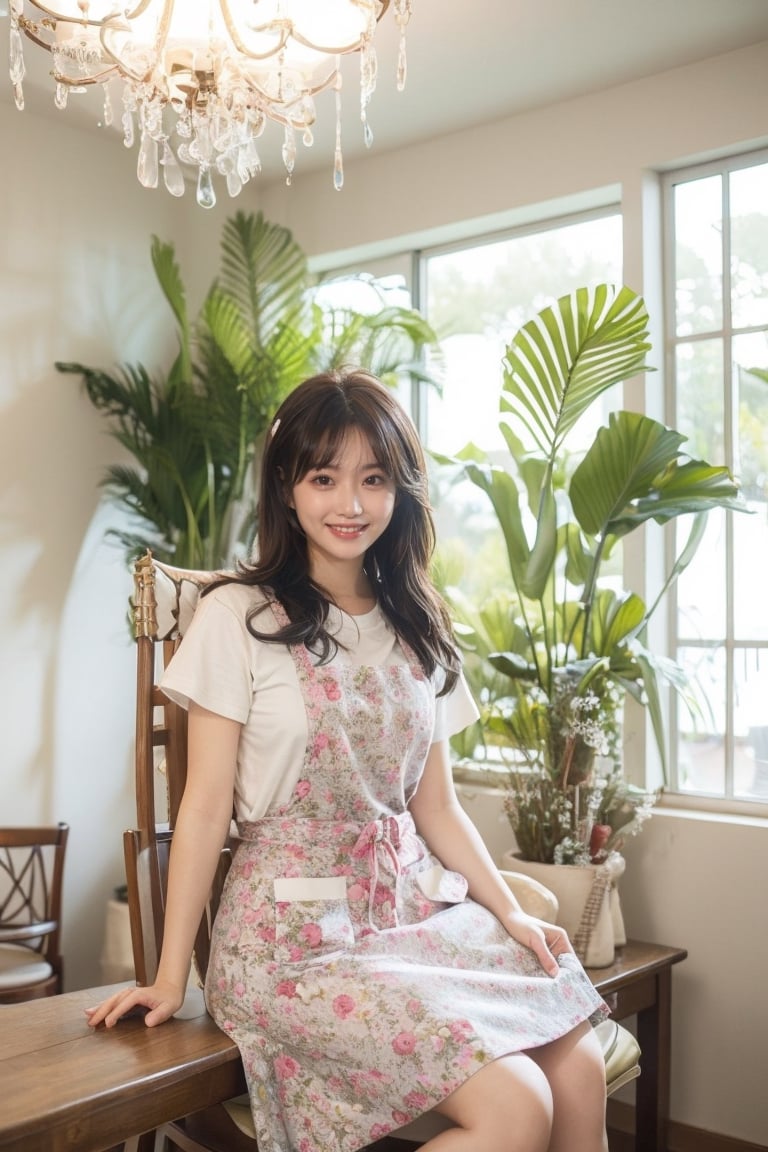 1girl, solo, long hair, black hair, sitting, indoors, apron, chair, floral print, table, plant, hand fan, smile, beautiful hands, beautiful fingers
