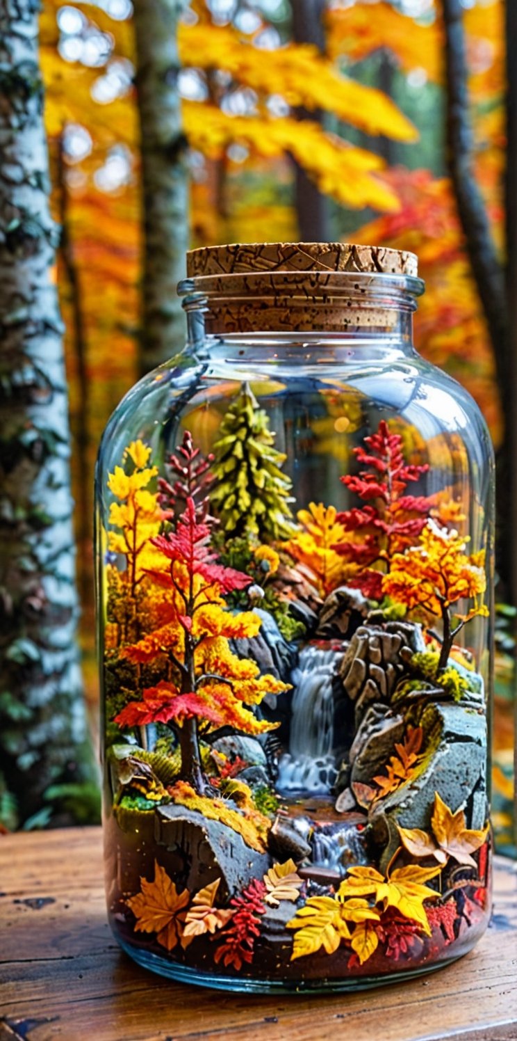 A glass jar with a cork lid. Inside the jar, there's a miniature representation of a vibrant autumn forest. The top layer of the jar shows trees with leaves in shades of red, orange, and yellow, and a clear sky. The bottom layer reveals a forest floor covered in fallen leaves and a small creek. The entire scene is encapsulated within the jar, creating a colorful and captivating visual.