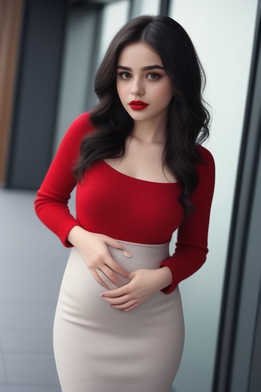 (masterpiece), beautiful girl, slim body, most beautiful, 18 year old, masterpiece, black hair, wavy hair, white skin, sharp jawline, sweater, pant, messy hair, full body , tight dress, nipples visible on dress, pregnant, red lips, black eye, hd, 16k realistic, background bar,<lora:659095807385103906:1.0>