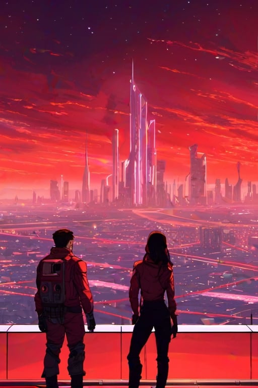 Against the backdrop of a red crimson sky, a couple, 1man, 1girl, stands looking out over a futuristic Martian city, with sleek, silver buildings and advanced technology that seems almost otherworldly,huoshen,night city,Mecha body,fantasy00d,aw0k meltdown style,ghost person,EpicArt,firefliesfireflies,Star