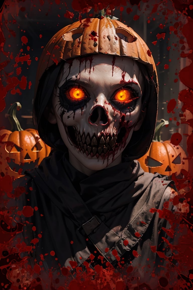 A very terrifying zombie pumpkin head and the background is a terrifying place with tools used to intimidate, intimidate and kill,BloodOnScreen