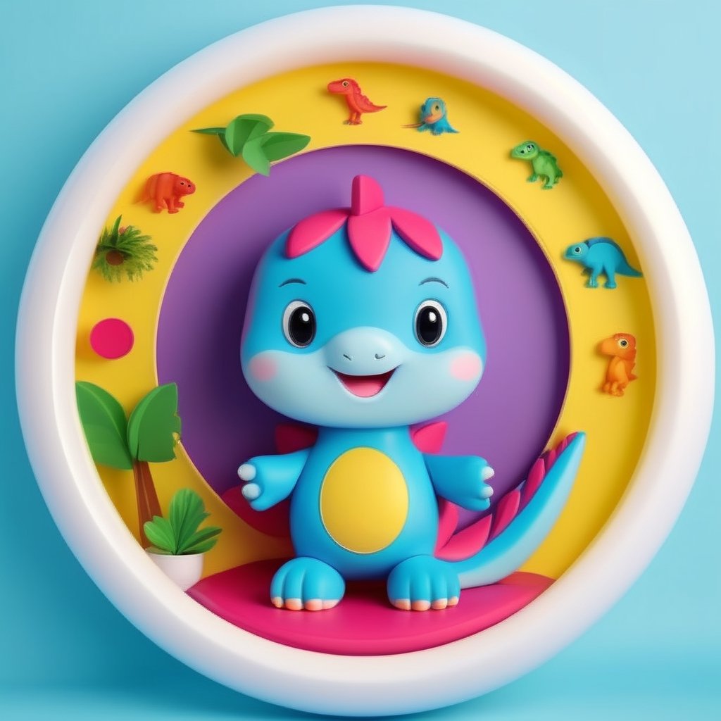 male super cute dinosaur inside a circle background, colorful, very clear, very creative, beautiful,  exceptional cute dinosaur anatomy ,toy_face