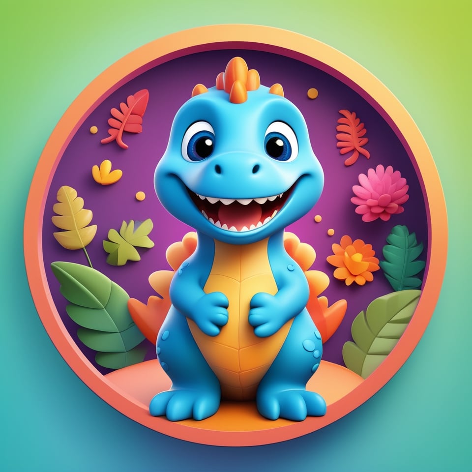 male super cute dinosaur inside a circle background, cute cartoon style, colorful, very clear, very creative, beautiful, 3d childish cute cartoon style:1.3, exceptional cute dinosaur anatomy, Asian folklore:1.22