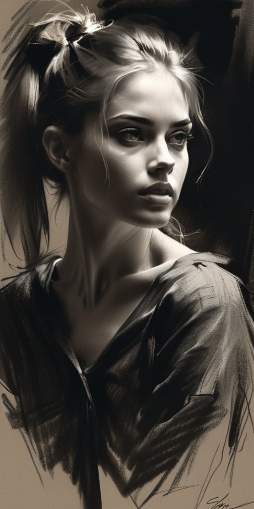 aesthetic nude dark art, sketch art, amazing quality, masterpiece, best quality, highres, breathtaking, breathtaking young and beautiful woman, close_up low angle, open wide tunic, ponytail, slender, sensual, exciting, perfecteyes, portraitart,portrait art style, dim light,concept art,dark theme,charcoal \(medium\),art by sargent