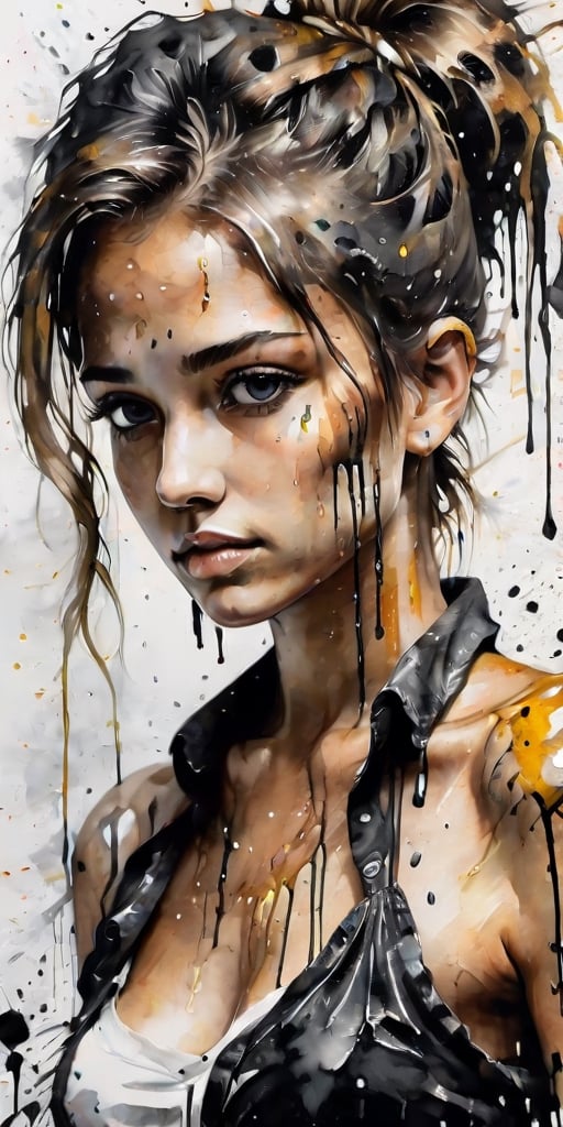 Masterpiece, best quality, highres, a picture of Beautiful female's breast, 23 years old, small size, flat chested, detailed skin, tanned skin, tanlines, ponytail, sensual and sensitive, open blouse, downblouse, simple background, nsfw, abstact,Leonardo Style,dripping paint, black and white,abstact