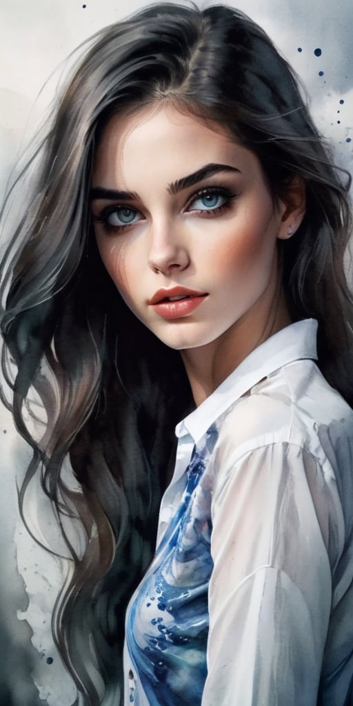 beautiful and exciting young woman, sensual, long dark hair, slender, perfect face, makeup, alluring, flirtatious, symmetrical highly detailed sharp eyes, simple Sliding shirt, Watercolor, trending on artstation, sharp focus, studio photo, intricate details, highly detailed,ink ,oil paint ,painted world,smoke,ink scenery