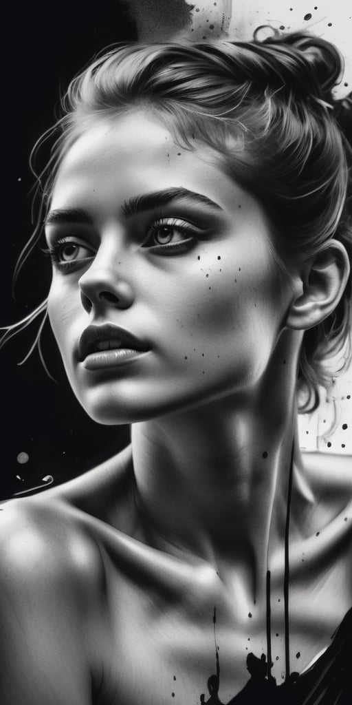masterpiece, best quality, highres, breathtaking Digital art, ink painting, bw portrayal, studio portrait, sensual portrait full of emotions, A beautiful young woman, perfect body, slender, bare shoulders, full growth, closeup low angle, gloomy dark atmosphere , , trending on artstation, sharp focus, intricate details, highly detailed, ,portraitart,portrait art style,Leonardo Style