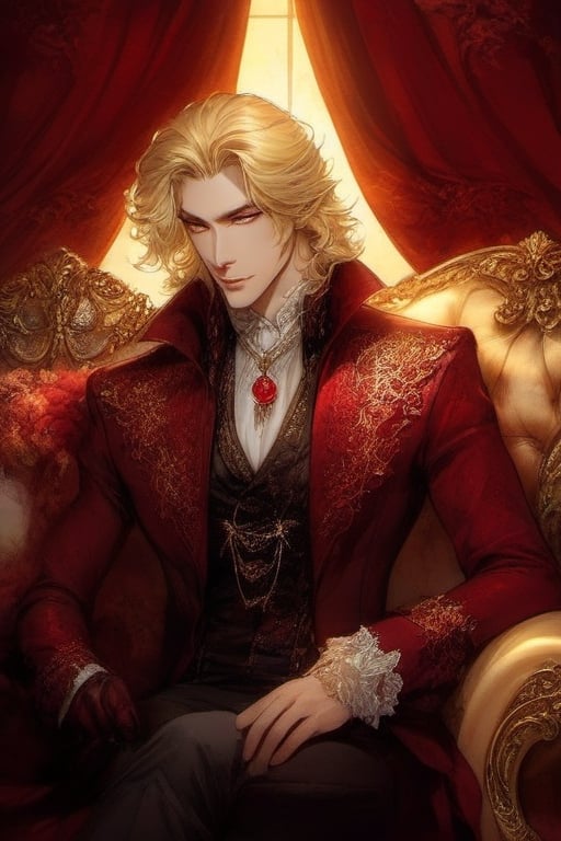 Beautiful male vampire,sensual,aesthetic,luxurious sofa,gothic room, candlelight,glittering dust,wine red curtains,long blond hair, gold eyes, gentle expression,Pencil drawing,white background,dfdd,Dark_Fantasy_Style
