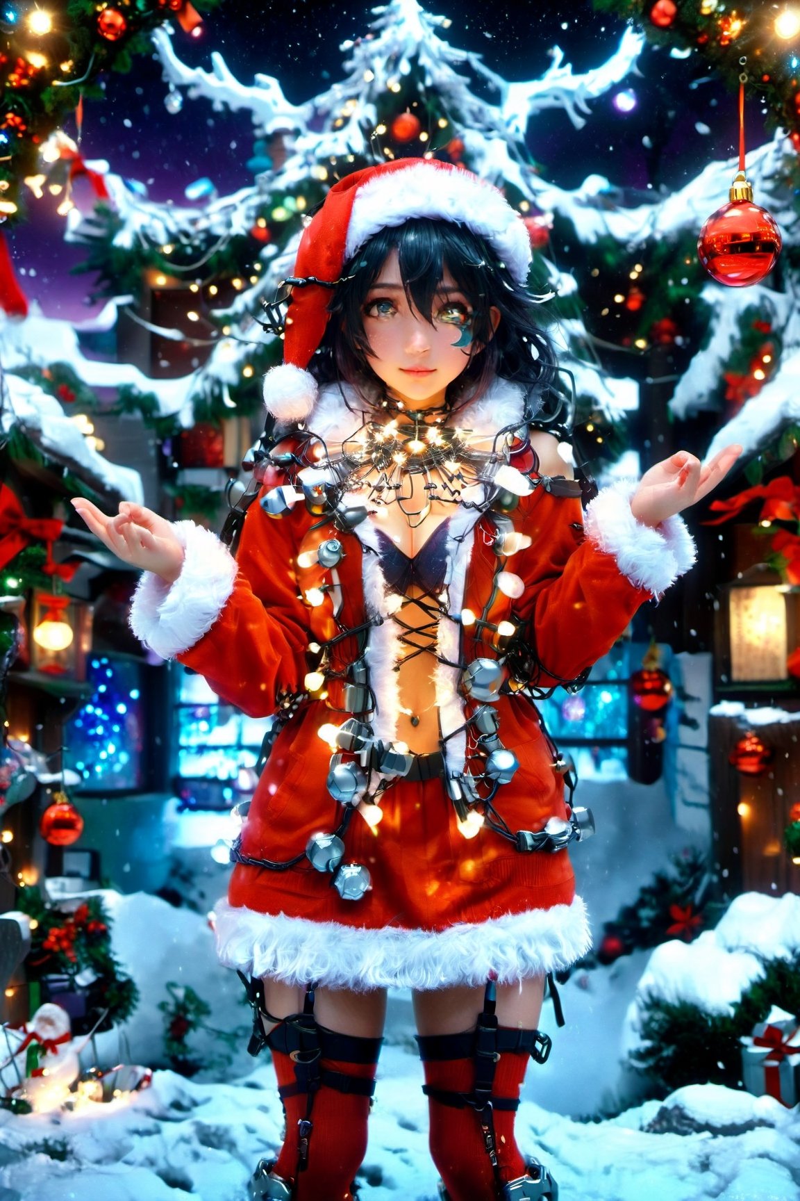photograph, full body, wide shot, she is feeling lustful, she has (Natural Bio Mechanical arms and large legs:1.55) , anime art stylized by Edogawa Ranpo, mundane, (Cyborg 46 Santa girl:1.3) casting a Frost magic spell, feeling grateful, in christmas themed, her christmas themed also has a coat, Casting magic pose, Wrinkles, Stimulating forest, at Twilight, Kodak Ektachrome E100, 35mm, trending on CGSociety, detailed mystical face, detailed beautiful eyes, detailed eye pupils, complex electric christmas background, christmas