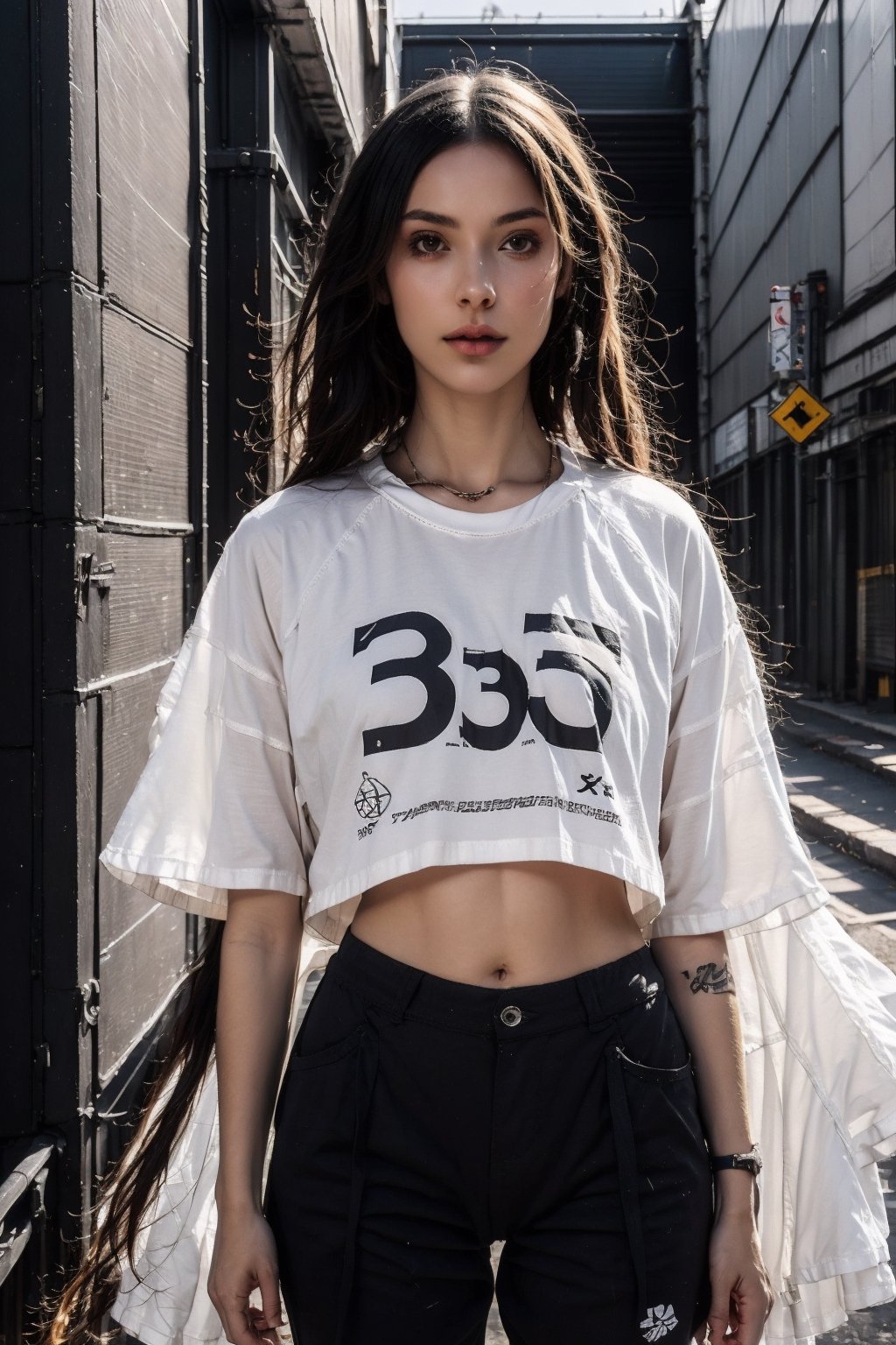 1girl,young white girl,hot top model,long blonde hair,wearing a white long oversize t shirt (t shirt only white color) and Acronym J36-S black pants and Acronym P30A-DS and black and white sneakers,in city,instagram model,80mm,urban techwear,blurry_light_background,tattoo,nipple piercing,girl