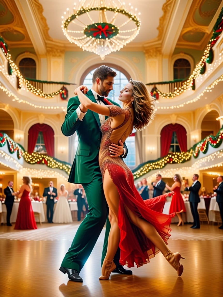 A couple dances in a ballroom, their bodies moving in perfect sync.,realistic,best quality,oil paint ,christmas