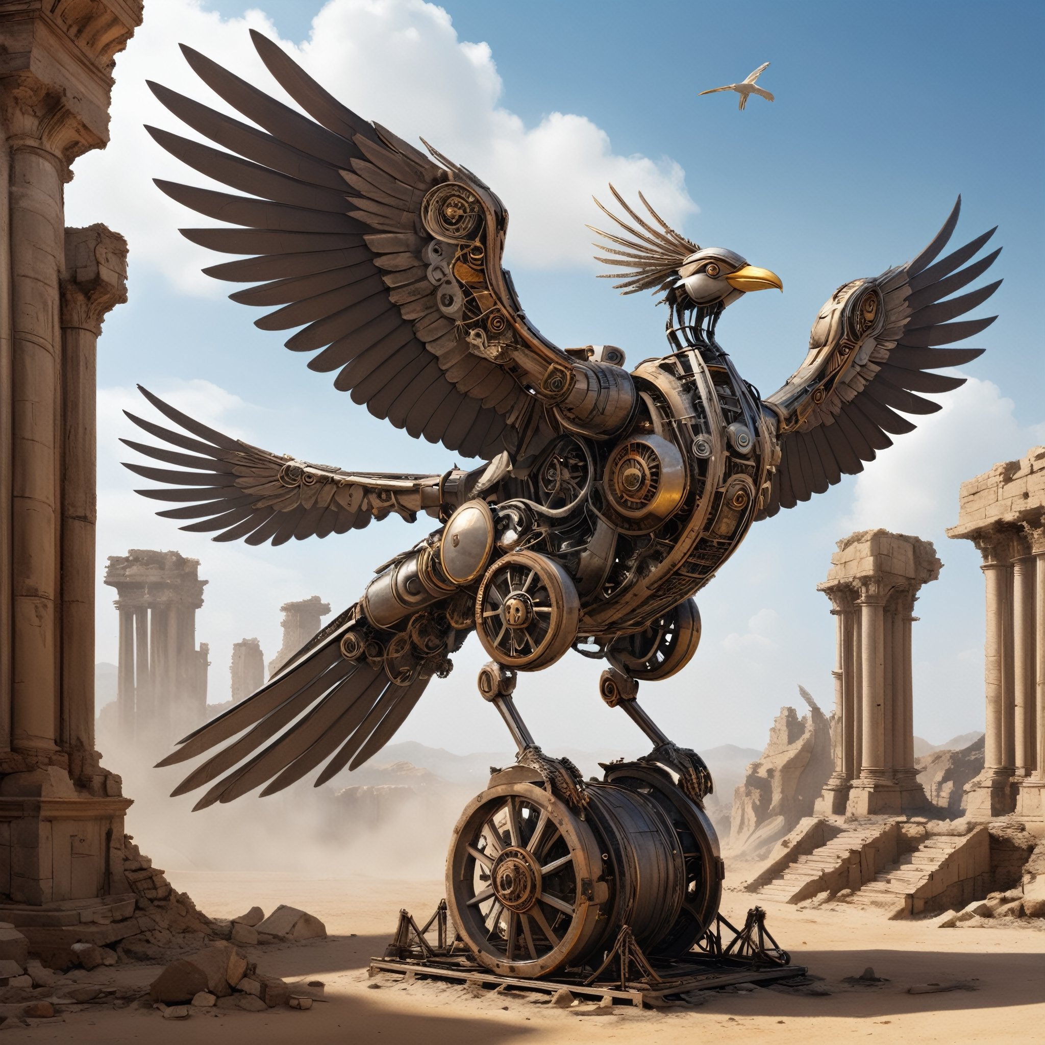 The image depicts a fantastical scene featuring a large mechanical bird with an appearance reminiscent of steampunk design, positioned in the midst of ancient ruins resembling a desert landscape. The mechanical creature is designed with intricate metalwork and boasts large, bird-like wings, as well as wheel appendages that give it the ability to move across the ground. Smoke is emanating from the top of the structure, suggesting that it is powered by some form of steam technology. There are towering structures and ruins in the background, enhancing the otherworldly feel of the environment depicted. The sky is clear with a few birds visible, further emphasizing the theme of flight