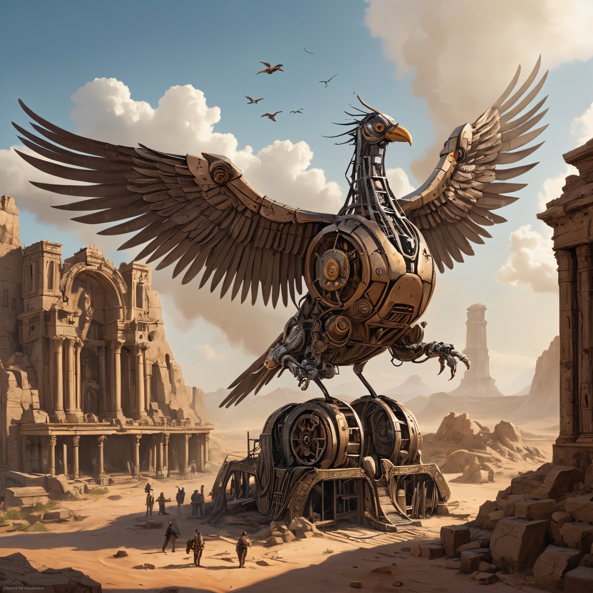 The image depicts a fantastical scene featuring a large mechanical bird with an appearance reminiscent of steampunk design, positioned in the midst of ancient ruins resembling a desert landscape. The mechanical creature is designed with intricate metalwork and boasts large, bird-like wings, as well as wheel appendages that give it the ability to move across the ground. Smoke is emanating from the top of the structure, suggesting that it is powered by some form of steam technology. There are towering structures and ruins in the background, enhancing the otherworldly feel of the environment depicted. The sky is clear with a few birds visible, further emphasizing the theme of flight