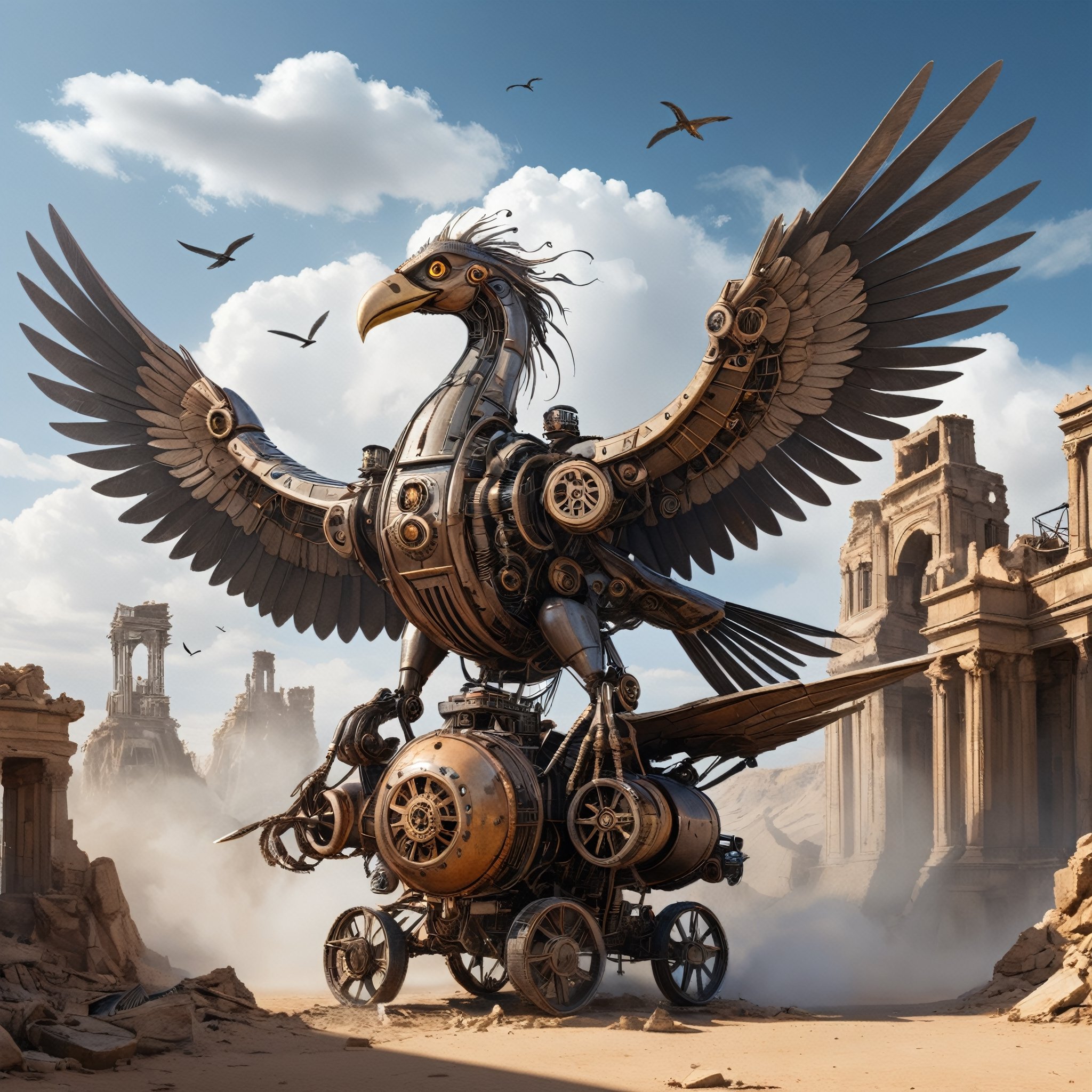 The image depicts a fantastical scene featuring a large mechanical bird with an appearance reminiscent of steampunk design, positioned in the midst of ancient ruins resembling a desert landscape. The mechanical creature is designed with intricate metalwork and boasts large, bird-like wings, as well as wheel appendages that give it the ability to move across the ground. Smoke is emanating from the top of the structure, suggesting that it is powered by some form of steam technology. There are towering structures and ruins in the background, enhancing the otherworldly feel of the environment depicted. The sky is clear with a few birds visible, further emphasizing the theme of flight