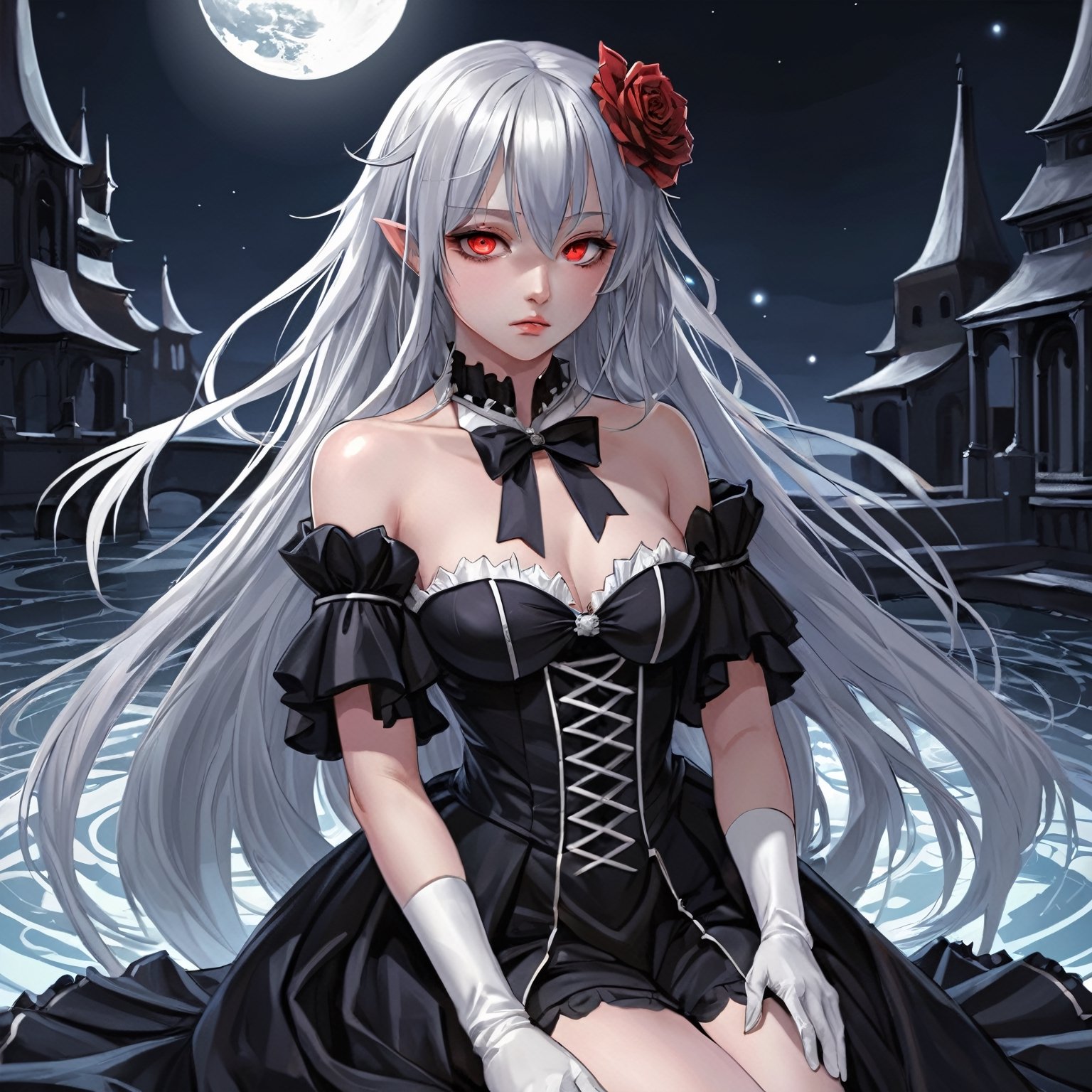 (((masterpiece))),best quality, illustration,beautiful detailed glow,detailed ice,beautiful detailed water,red moon, (magic circle:1,2), (beautiful detailed eyes),expressionless,beautiful detailed white gloves, own hands clasped, (floating palaces:1.1),azure hair,disheveled hair,long bangs, hairs between eyes, dark dress, (dark magician girl:1.1),black kneehighs, black ribbon,white bowties,midriff,{{{half closed eyes}}},,big forhead,blank stare,flower,large top sleeves,