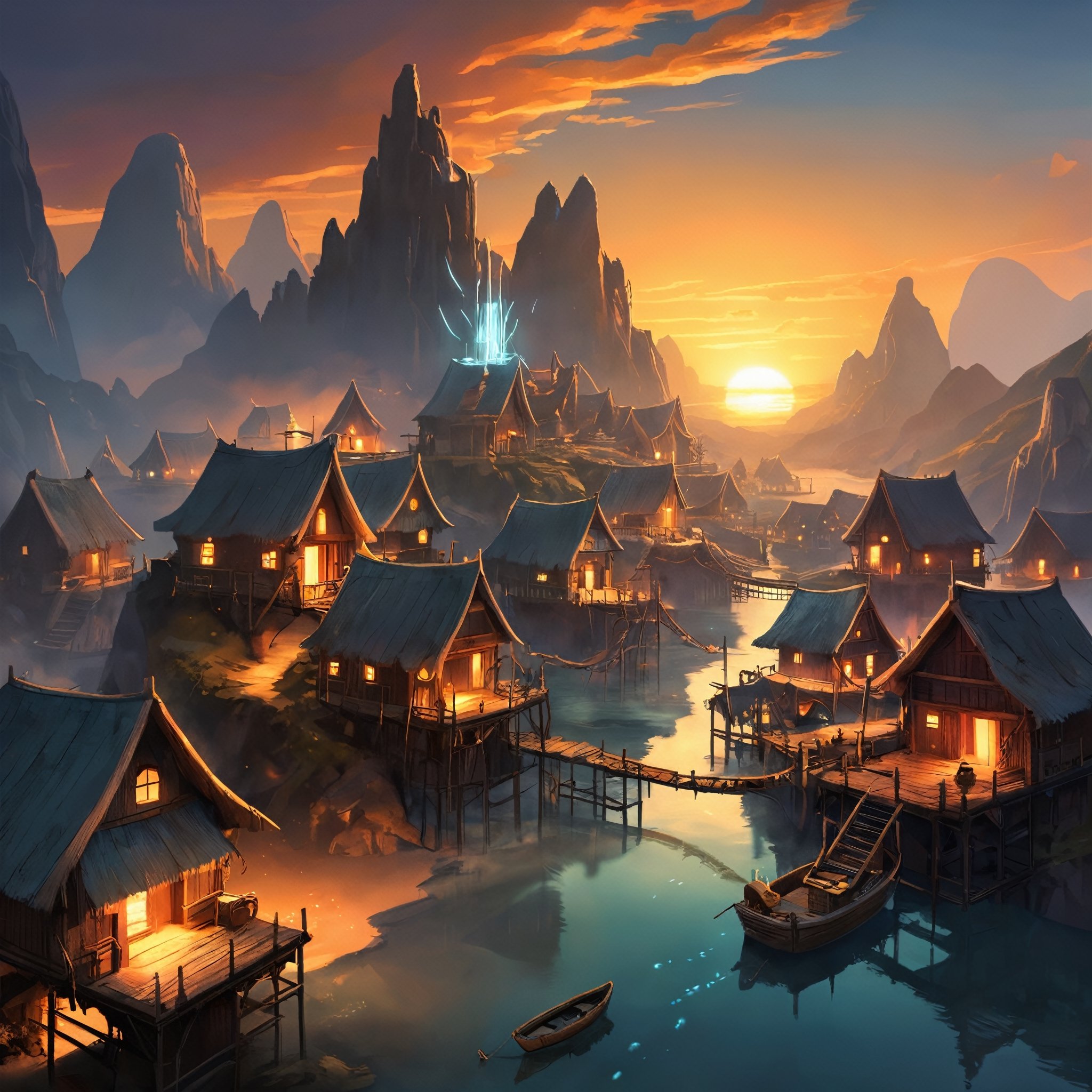 Artwork of a futuristic fantasy Fisher village , epic sunrise, epic lights