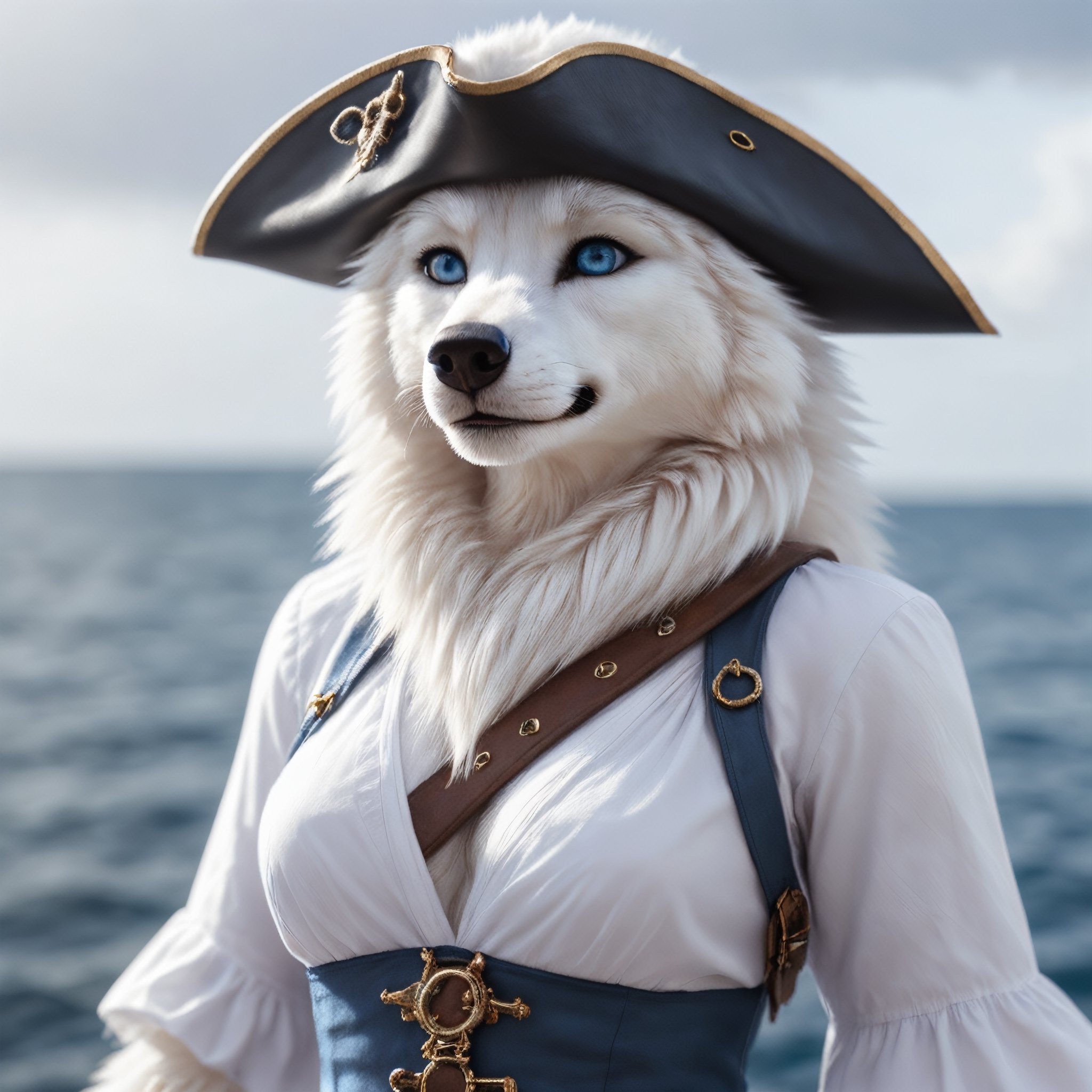 photo face closeup of WhiteWolf  female pirate outfit, epic stormy sea