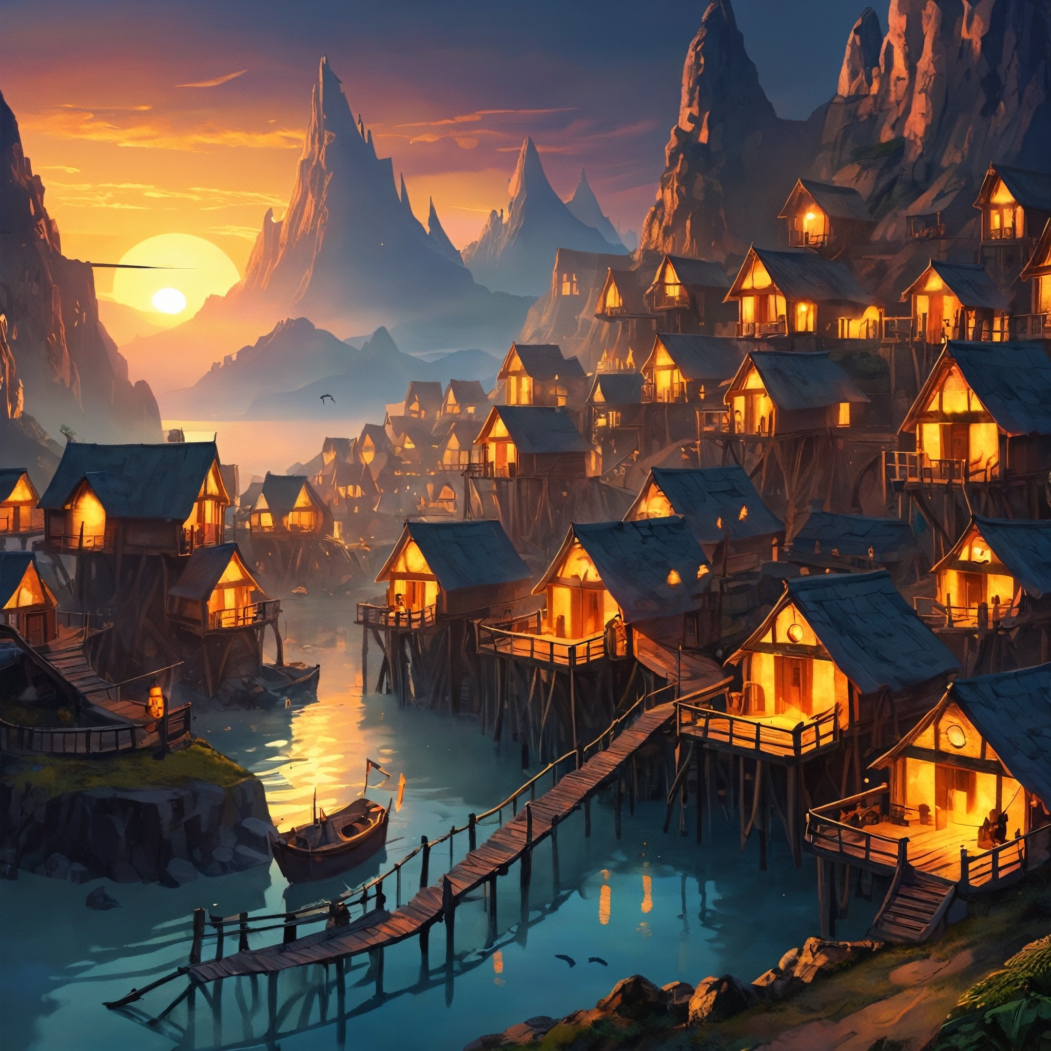 Closeup Artwork of a futuristic fantasy Fisher village , epic sunrise, epic lights