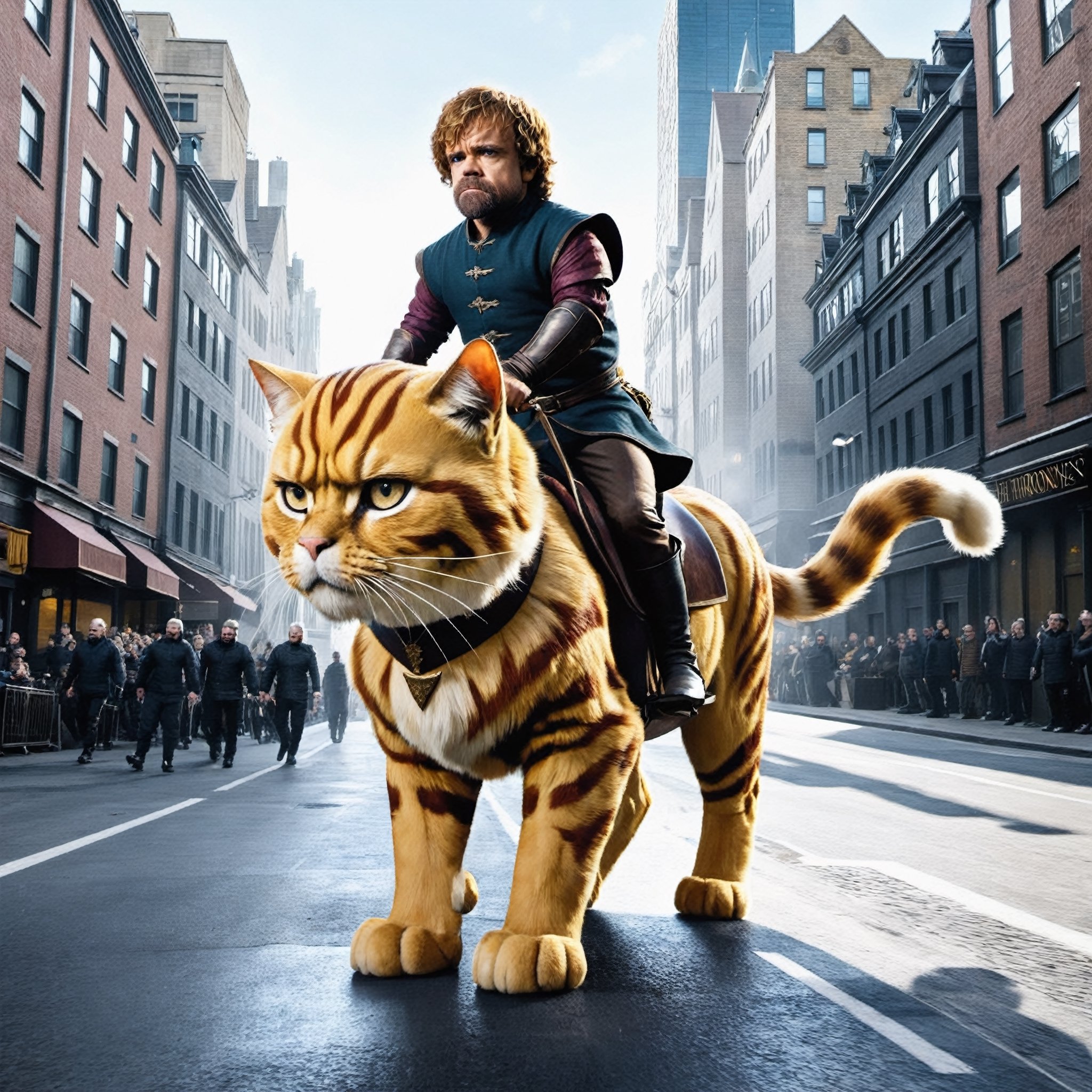 Tyrion Lannister from game of thrones is riding a giant cat through a city 