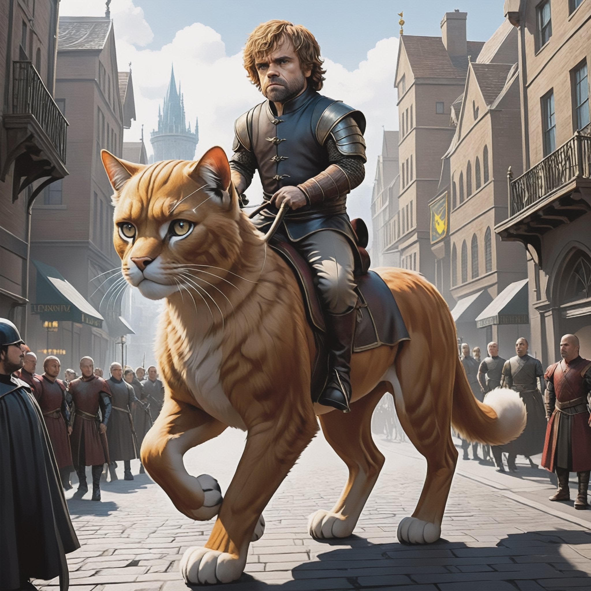 Tyrion Lannister from game of thrones is riding a giant cat through a city 