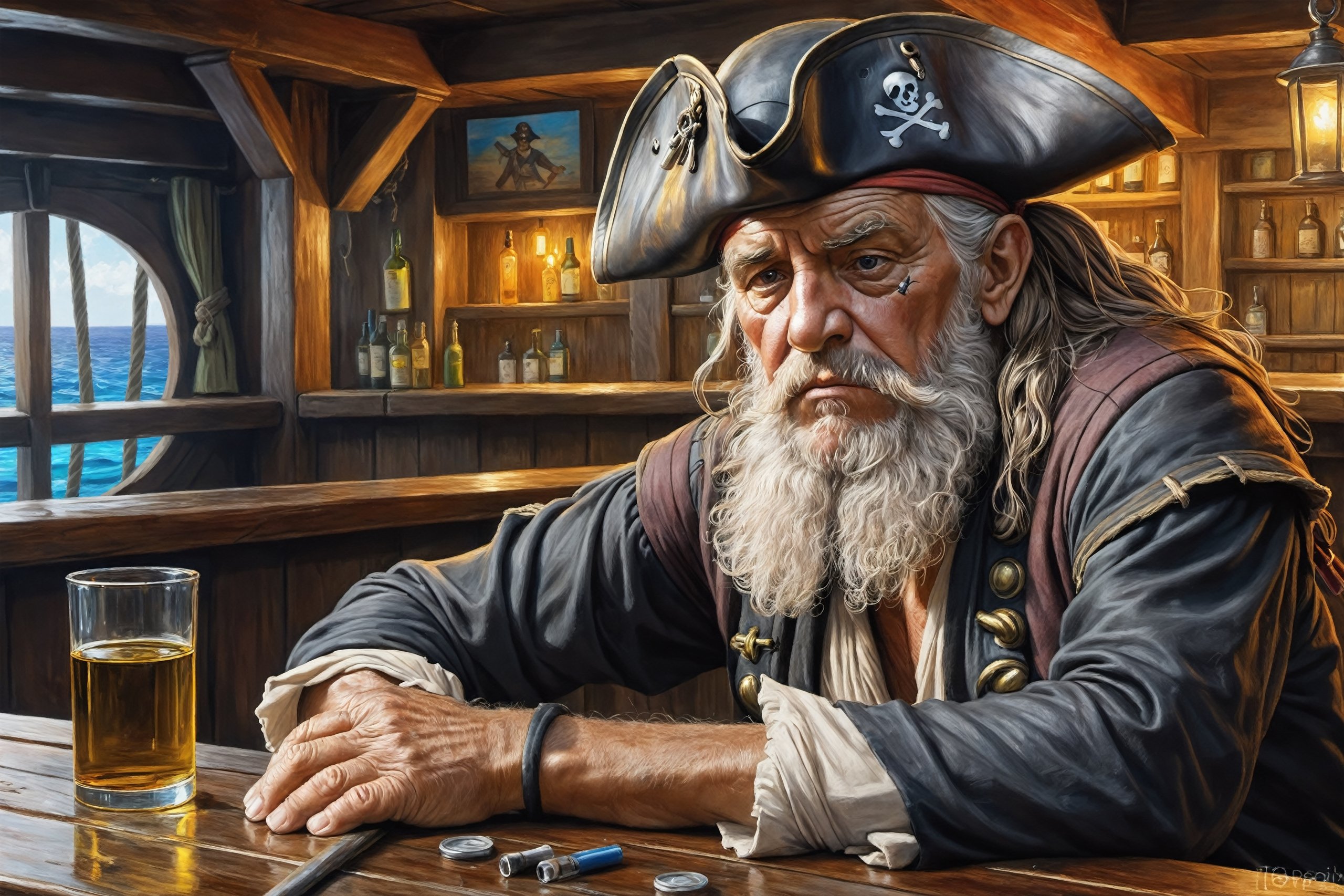 Closeup oil picture drawing of a sad old pirate alone in a bar in Tortuga bay