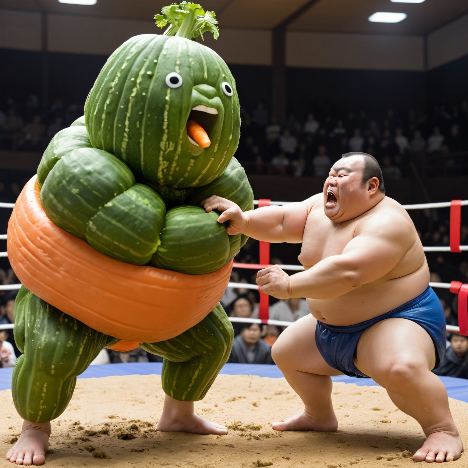 A carrot fighting a cucumber in a sumo wrestling match 