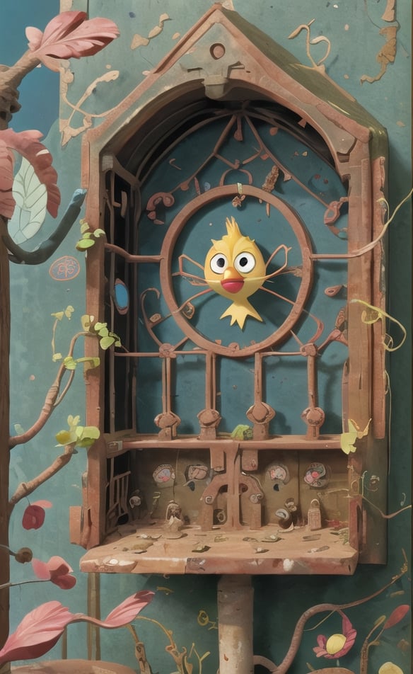 Old beautiful village, cartoon, window of the house, a canary in a cage, stylized, clear focus, cartoon photo, intricate details, highly detailed,