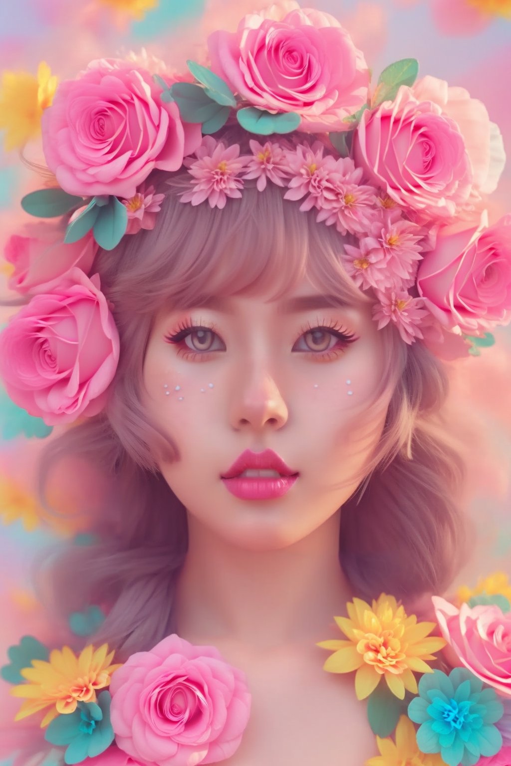 portrait,woman, flower dress, colorful, darl background,flower armor,white theme,dfdd,2d_animated,niji5,3d style,fashion_girl