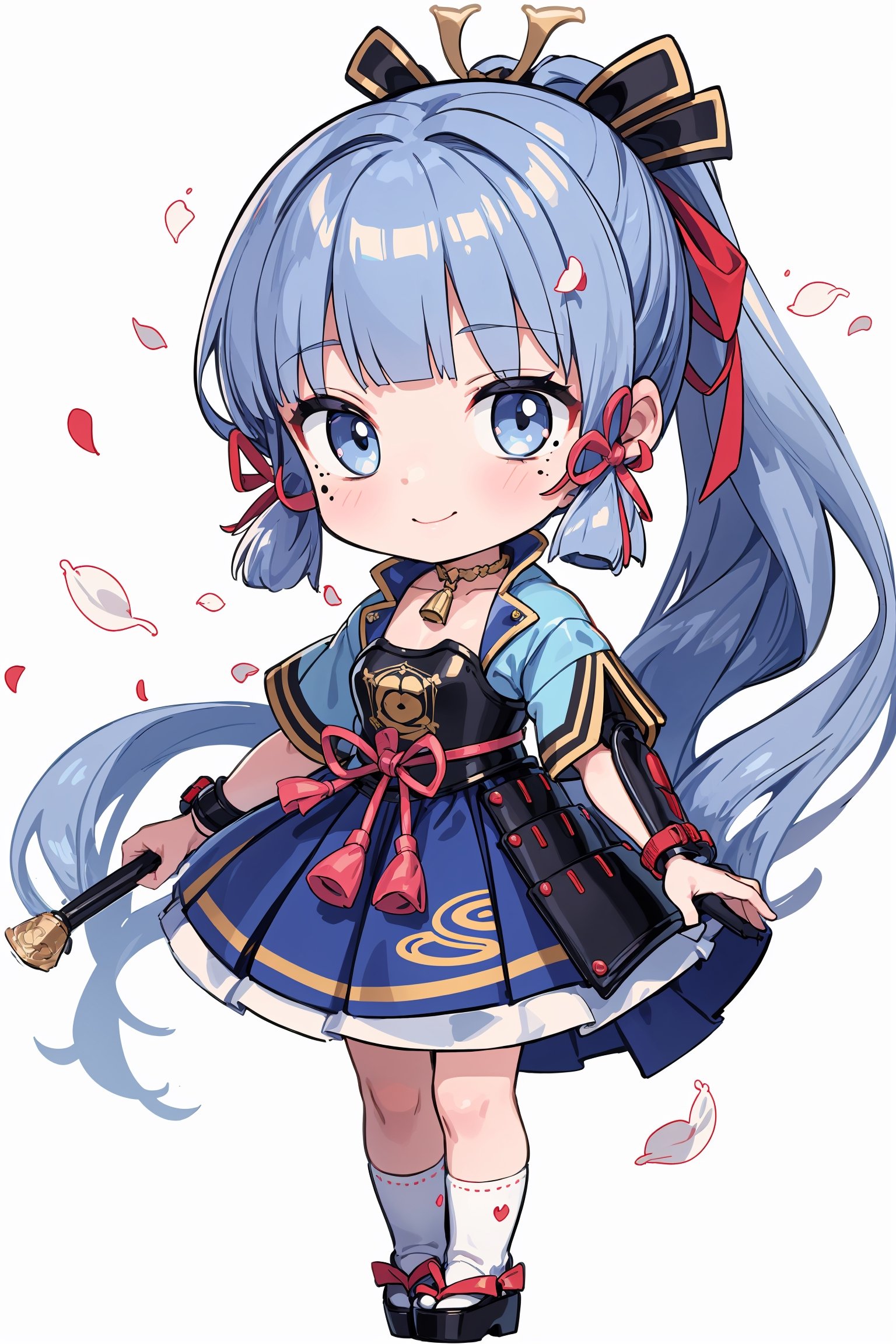 
(best quality:1.2), (hyper detailed),
(chibi:1.5), (full print:1.4), open hand,

 1girl, kamisato ayaka, solo, long hair, ponytail, armor, hair ribbon, full body, bangs, ribbon, petals, blue hair, blue eyes, tassel, japanese armor, smile, cherry blossoms, blunt bangs, standing, closed mouth, japanese clothes, tress ribbon, falling petals, mole, skirt, hair ornament, floating hair, sidelocks, arm guards, short sleeves, grey eyes, water, mole under eye, tabi, looking at viewer, breastplate, vambraces, socks,KAMISATOAYAKADEF,AGGA_ST004, (white background)