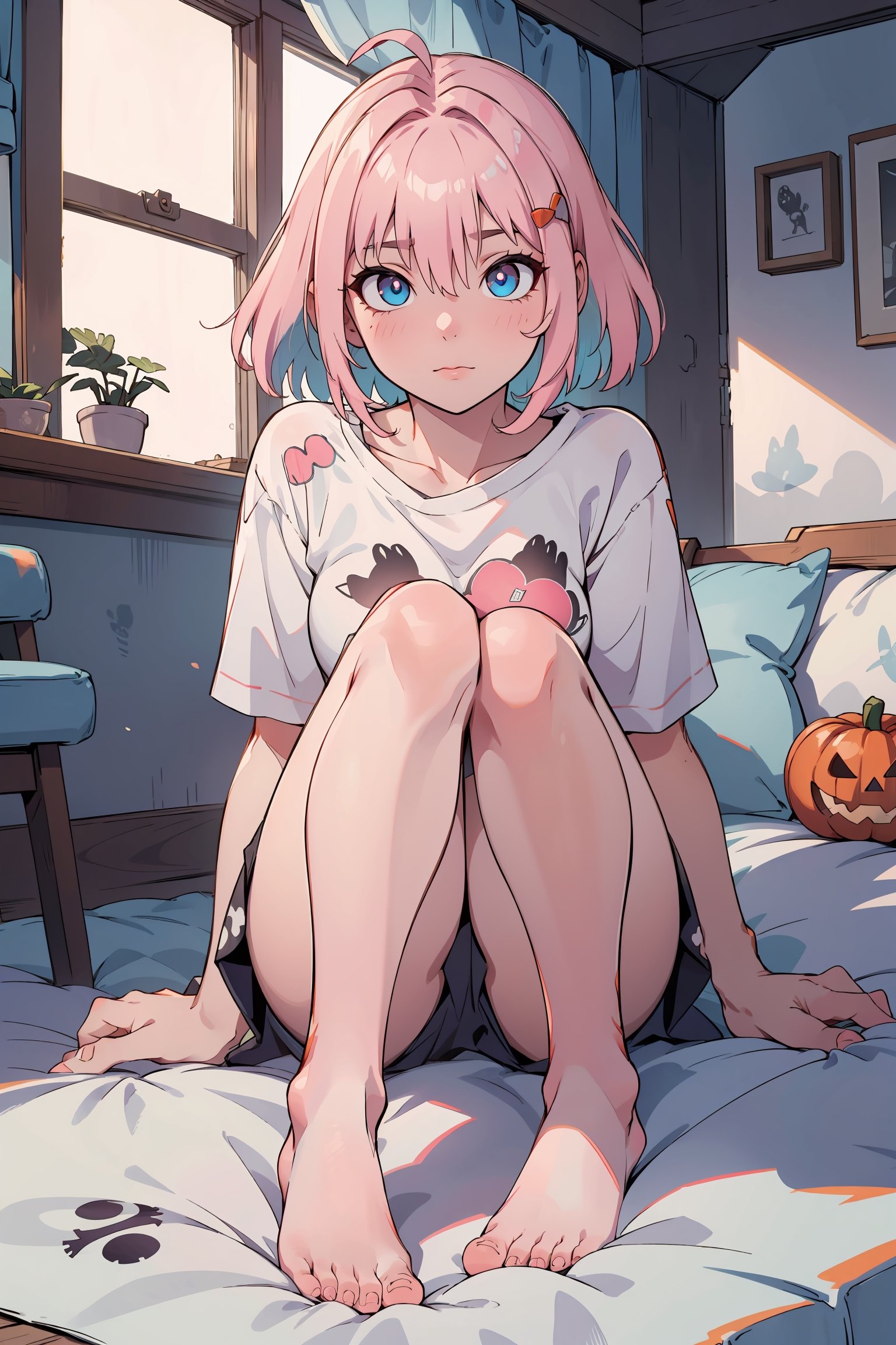 (realistic:1.4), riamuyumemi, ,riamu yumemi, ahoge, blue hair, hair intakes, multicolored hair, (multicolored eyes, blue eyes:1.1), pink hair, short hair, two-tone hair,BREAK (bone print:1.5),  barefoot,   shirt, short sleeves, t-shirt,BREAK looking at viewer, full body,BREAK indoors,BREAK , (masterpiece:1.2), best quality, high resolution, unity 8k wallpaper, (illustration:0.8), (beautiful detailed eyes:1.6), extremely detailed face, perfect lighting, extremely detailed CG, (perfect hands, perfect anatomy),Realism,riamu,ph_Mar,perfect,photorealistic,halloween,kukishinobudef,mgedemon