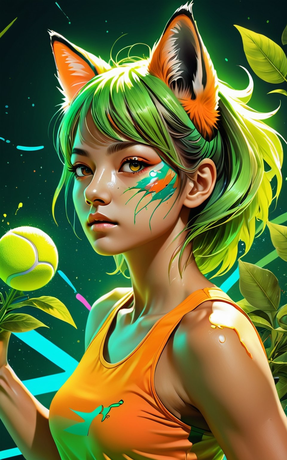 Tiger tennis player in tennis court, (masterpiece:1.1), (highest quality:1.1), (HDR:1.0), extreme quality, cg, (negative space), detailed face+eyes, 1girl, fox ears, (plants:1.18), (fractal art), (bright colors), splashes of color background, colors mashing, paint splatter, complimentary colors, neon, compassionate, electric, limited palette, synthwave, fine art, tan skin, full body, (green and orange:1.2), time stop, sy3, SMM,photo r3al