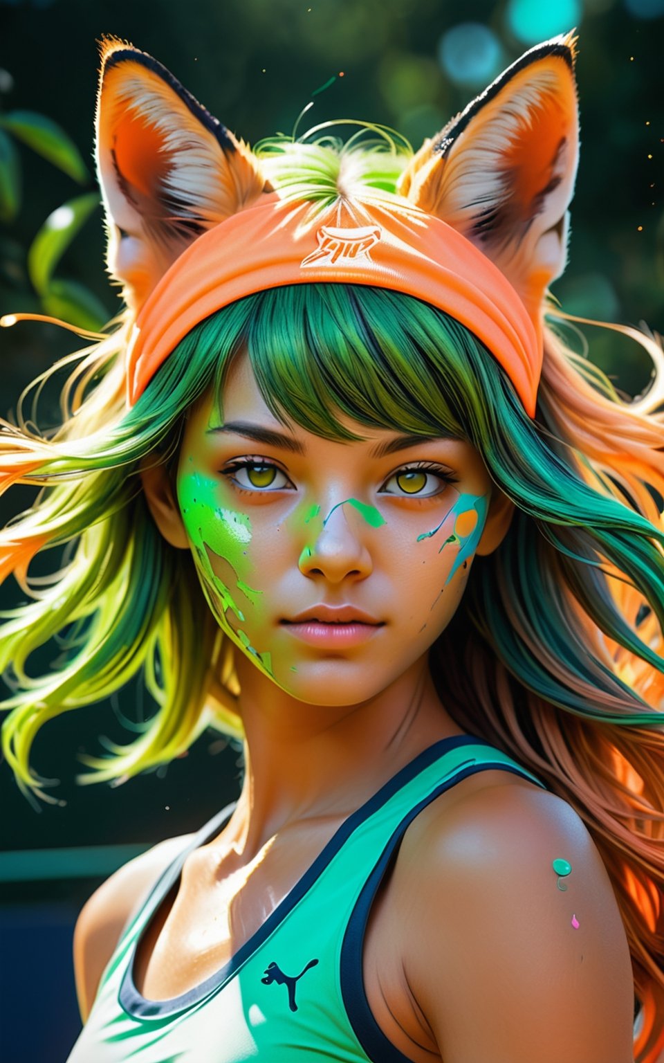 Tiger tennis player in tennis court, (masterpiece:1.1), (highest quality:1.1), (HDR:1.0), extreme quality, cg, (negative space), detailed face+eyes, 1girl, fox ears, (plants:1.18), (fractal art), (bright colors), splashes of color background, colors mashing, paint splatter, complimentary colors, neon, compassionate, electric, limited palette, synthwave, fine art, tan skin, full body, (green and orange:1.2), time stop, sy3, SMM,photo r3al