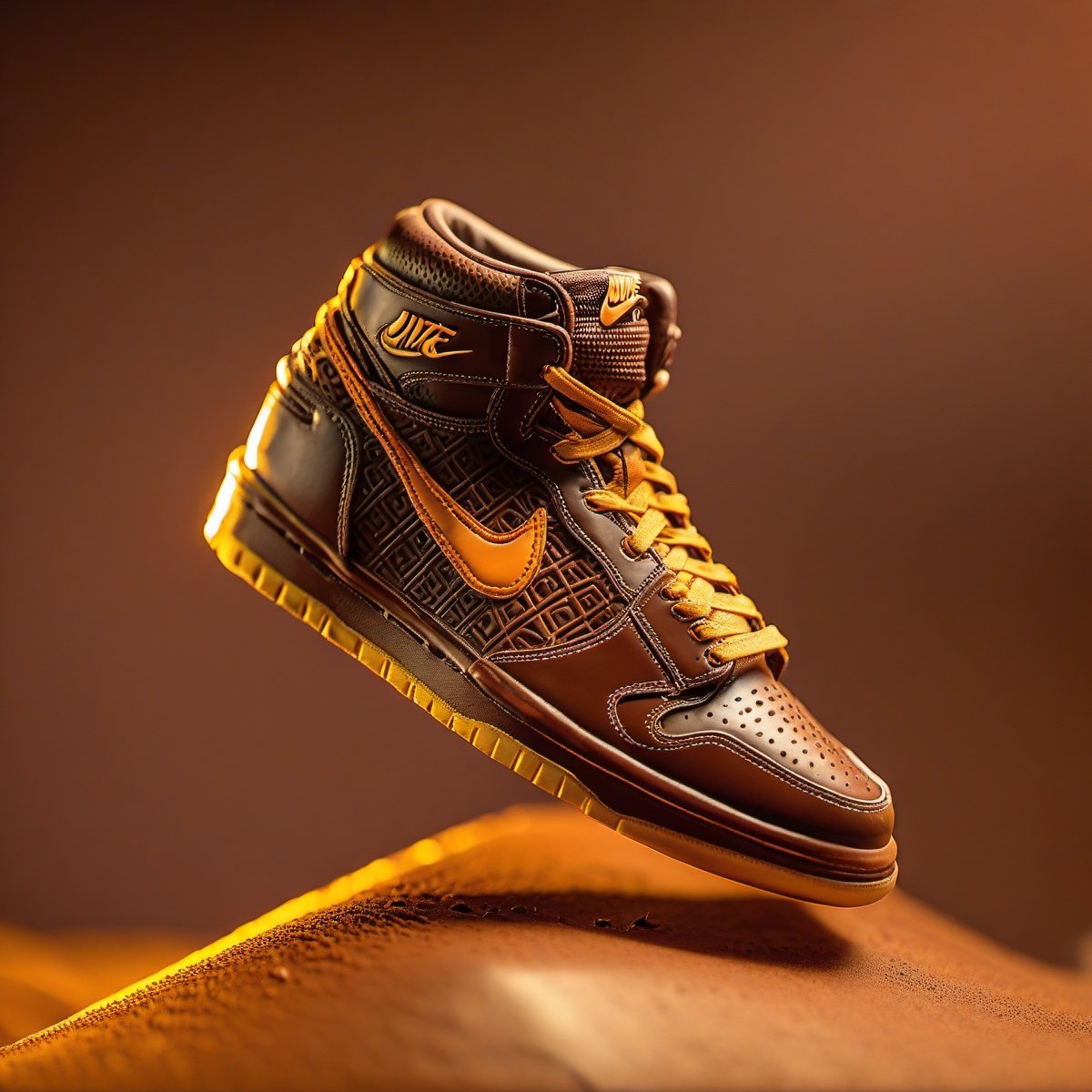 A (extreme closeup:1.6) of one Nike shoe of chocolat in the paradise of dark chocolat, (perfect chocolat:1.6), high detailed, a product photography light, full color, subsurface scattering, slim shape, magic background, colors, volumetric light, 3d, good style, 90's, 8k, HD, product photography, good focus, booth, food focus, no humans, (chocolat:1.8), EpicSky, one shoe, 1shoe, (small chocolats:1.1) backgroung yellow light,