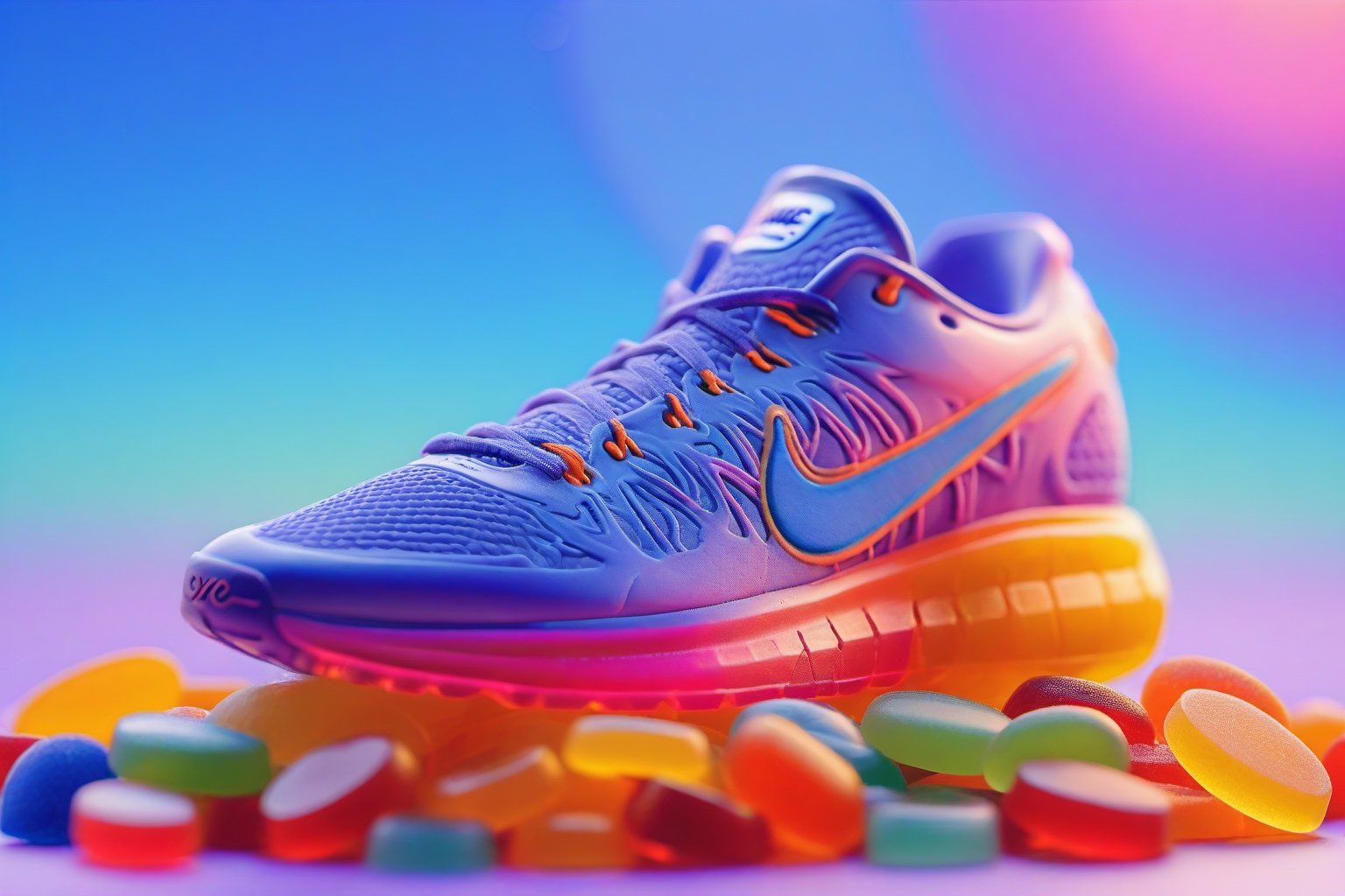 A closeup of one Nike shoe of gummies in the paradise of colored gummies, (perfect candies ovals:1.6), high detailed, a product photography light, full color, subsurface scattering, slim shape, magic background, colors, volumetric light, 3d, good style, 90's, 8k, HD, product photography, good focus, booth, food focus, no humans, (gummiesland:1.8), EpicSky, one shoe, 1shoe, (small gummies:1.1)