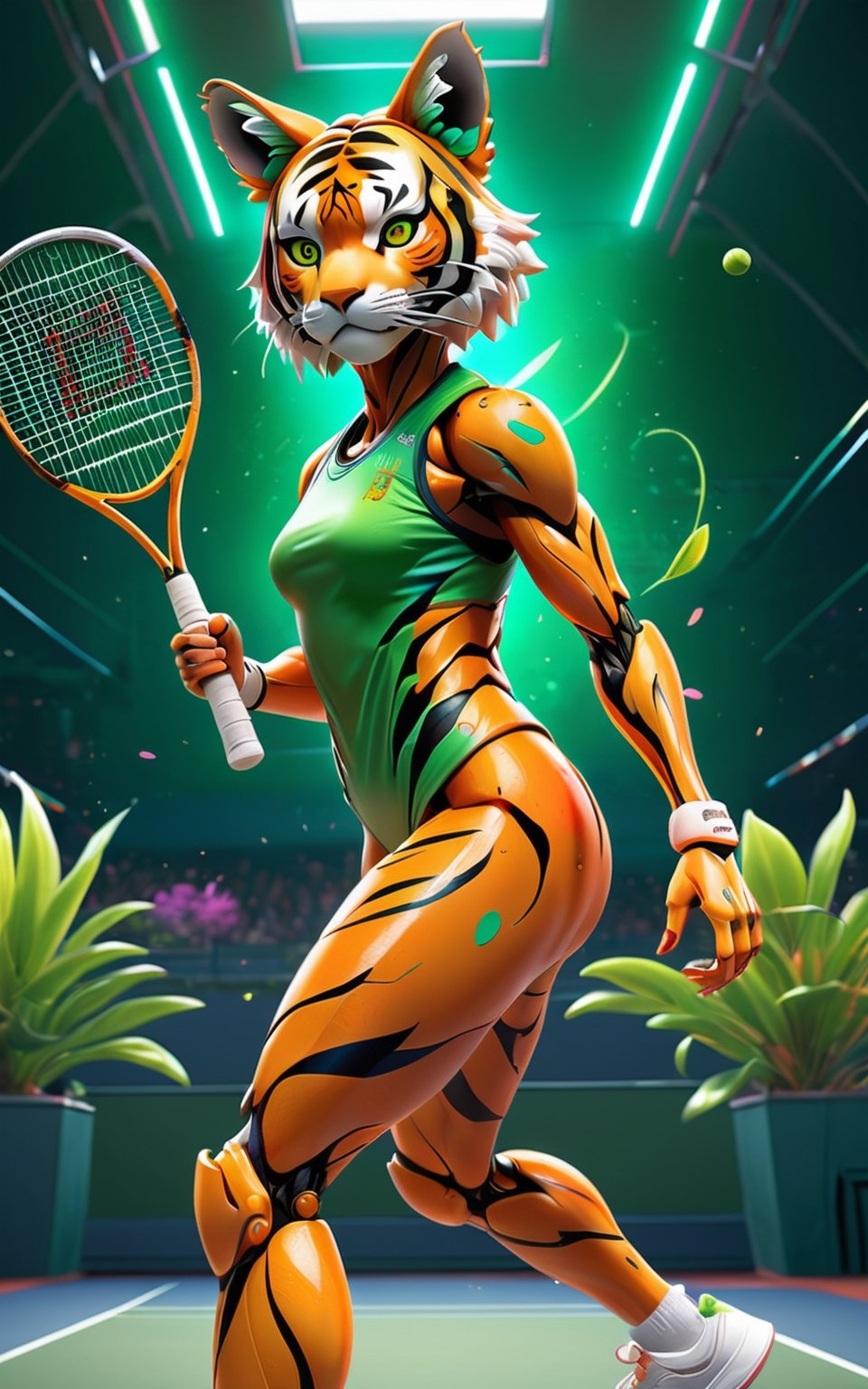 (fullbody:1) of Tiger tennis player in tennis court, (masterpiece:1.1), (highest quality:1.1), (HDR:1.0), extreme quality, cg, (negative space), detailed face+eyes, 1girl, fox ears, (plants:1.18), (fractal art), (bright colors), splashes of color background, colors mashing, paint splatter, complimentary colors, neon, compassionate, electric, limited palette, synthwave, fine art, tan skin, full body, (green and orange:1.2), time stop, sy3, SMM,photo r3al,mecha,DonMCyb3rN3cr0XL 