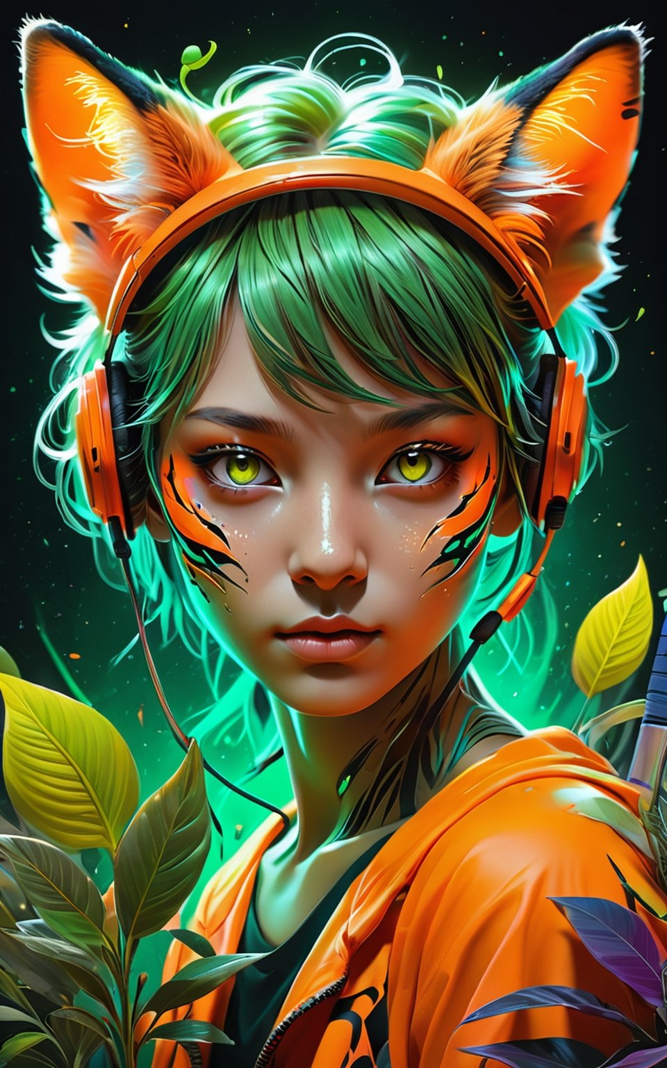 (masterpiece:1.1), (highest quality:1.1), (HDR:1.0), extreme quality, cg, (negative space), detailed face+eyes, 1girl, fox ears, (plants:1.18), (fractal art), (bright colors), splashes of color background, colors mashing, paint splatter, complimentary colors, neon, (tiger tennis player), compassionate, electric, limited palette, synthwave, fine art, tan skin, full body, (green and orange:1.2), time stop, sy3, SMM
