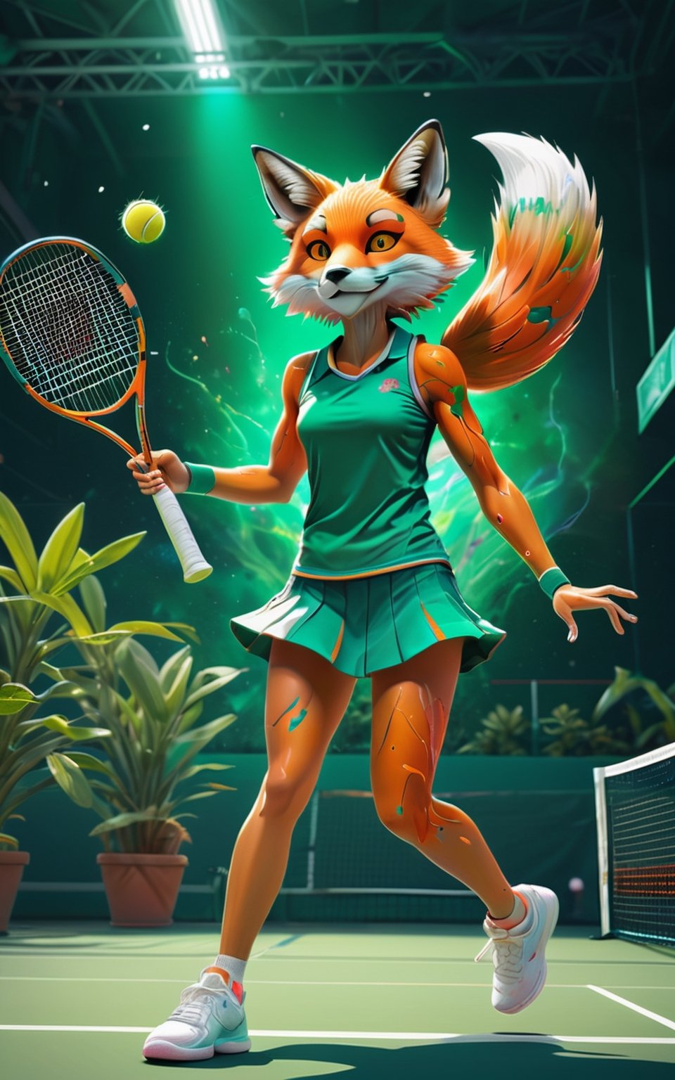 Tiger tennis player in tennis court, (masterpiece:1.1), (highest quality:1.1), (HDR:1.0), extreme quality, cg, (negative space), detailed face+eyes, 1girl, fox ears, (plants:1.18), (fractal art), (bright colors), splashes of color background, colors mashing, paint splatter, complimentary colors, neon, compassionate, electric, limited palette, synthwave, fine art, tan skin, full body, (green and orange:1.2), time stop, sy3, SMM