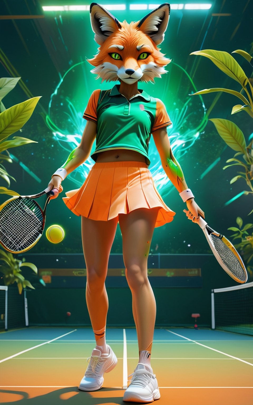 Tiger tennis player in tennis court, (masterpiece:1.1), (highest quality:1.1), (HDR:1.0), extreme quality, cg, (negative space), detailed face+eyes, 1girl, fox ears, (plants:1.18), (fractal art), (bright colors), splashes of color background, colors mashing, paint splatter, complimentary colors, neon, compassionate, electric, limited palette, synthwave, fine art, tan skin, full body, (green and orange:1.2), time stop, sy3, SMM